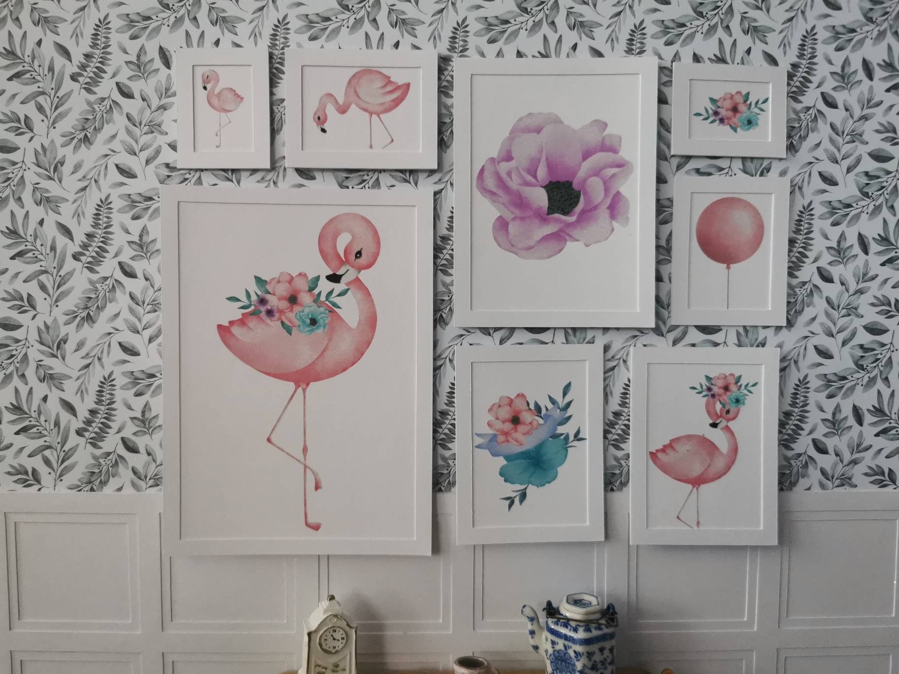 Flamingo Wall Art Pictures | Set of 8 | 1:12th Scale | Handmade - ZJ Miniatures 