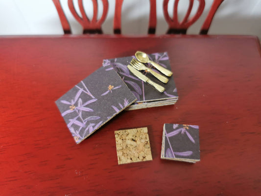 Purple Floral Placemat & Coasters | Set of 4 or 6 | 1:12th Scale | Handmade - ZJ Miniatures 