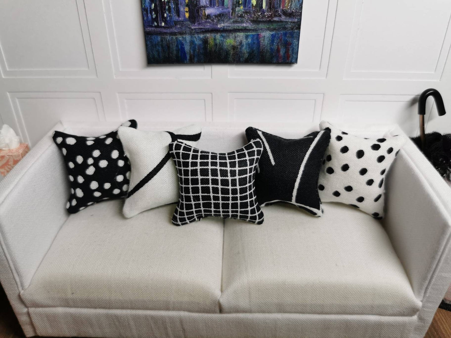 Black/White Print Set of 5 Cushions | 1:12th Scale | Handmade - ZJ Miniatures 