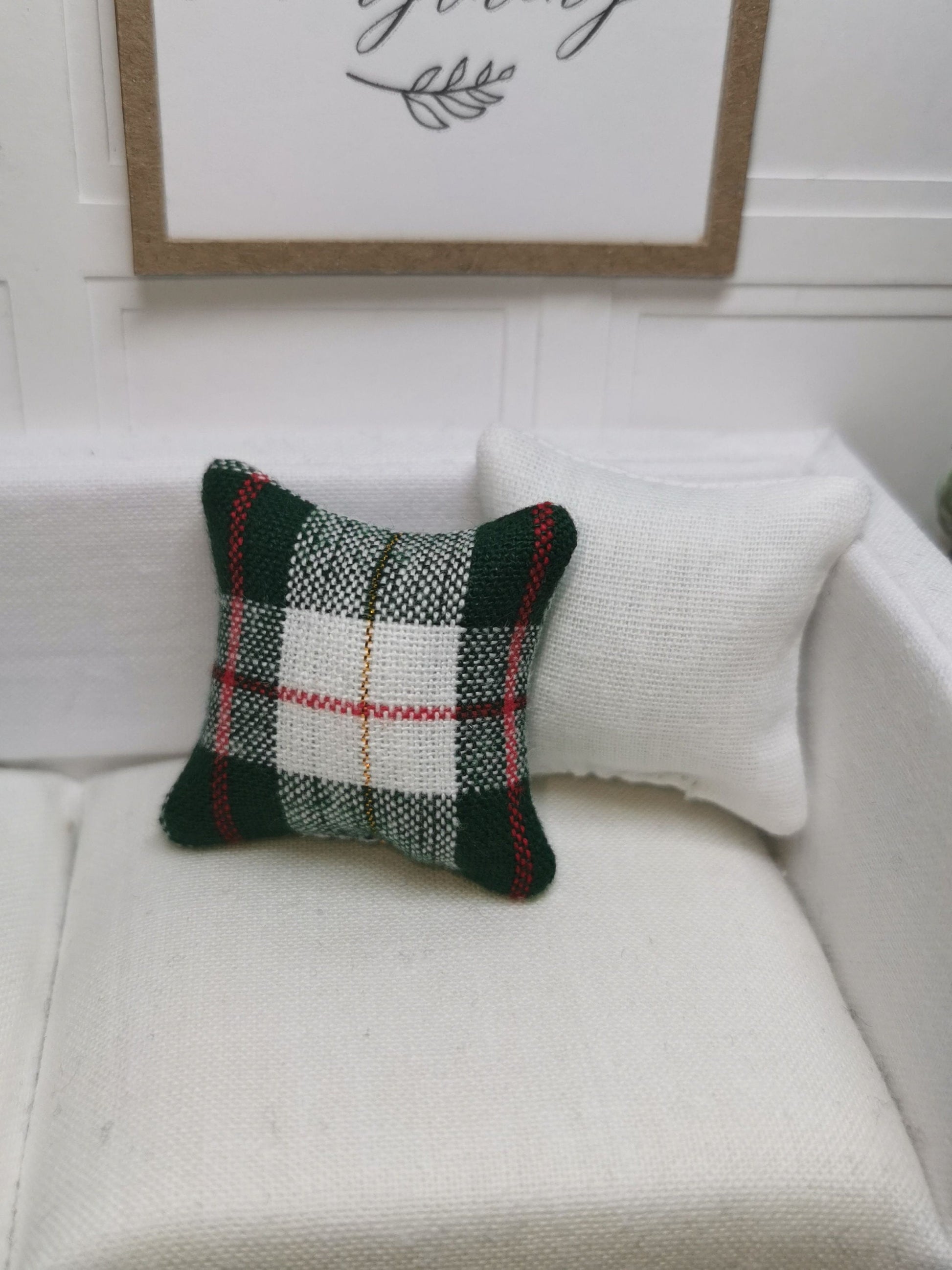 White/Green Tartan Cushion | 1:12th Scale | Handmade - ZJ Miniatures 