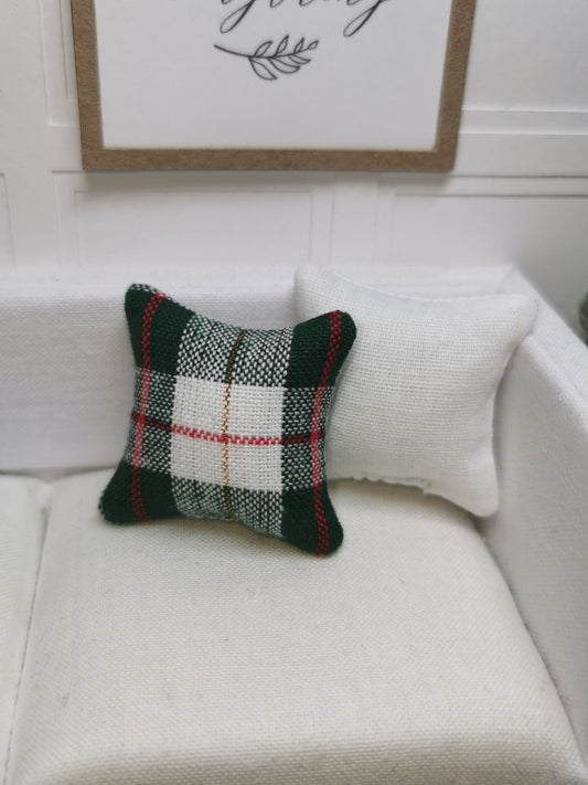 White/Green Tartan Cushion | 1:12th Scale | Handmade - ZJ Miniatures 