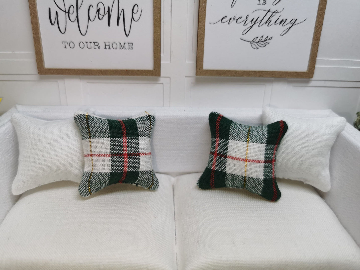 White/Green Tartan Cushion | 1:12th Scale | Handmade - ZJ Miniatures 