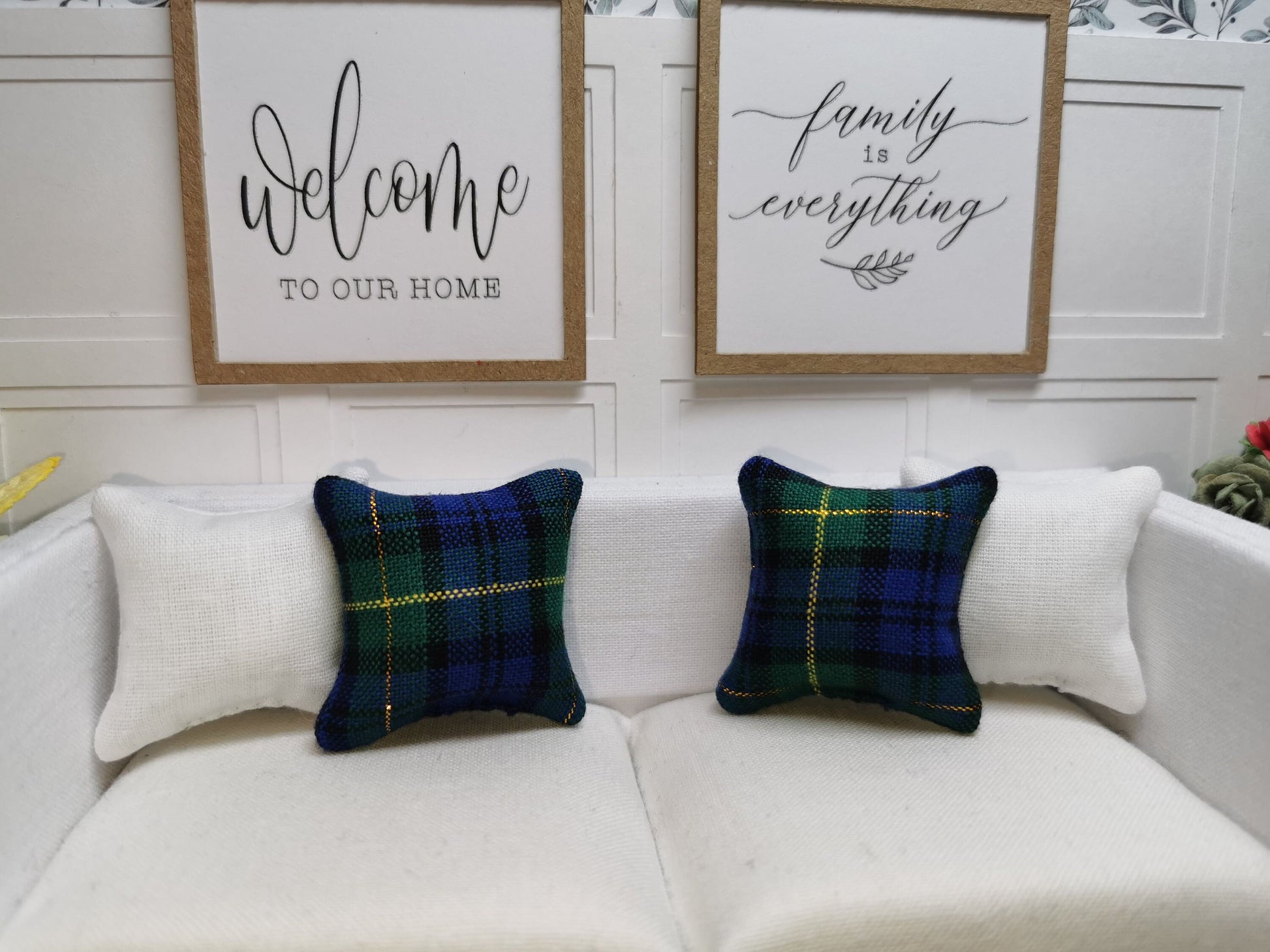 Blue/Green Tartan Cushion | 1:12th Scale | Handmade - ZJ Miniatures 