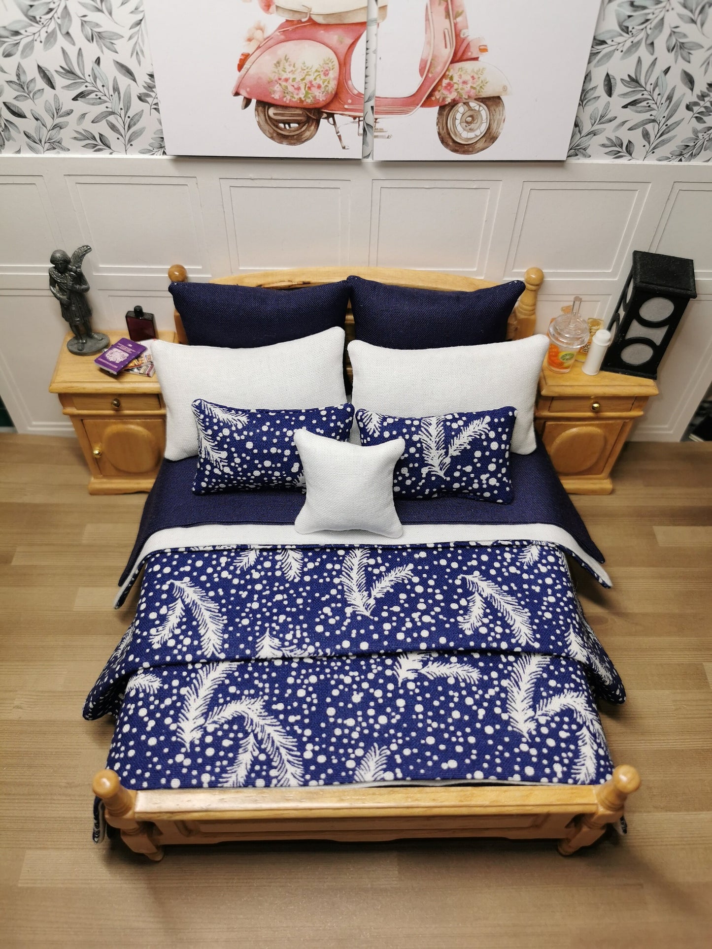 Navy/White Feather Print Bed Linen | 1:12th Scale | Set of 9 | Handmade