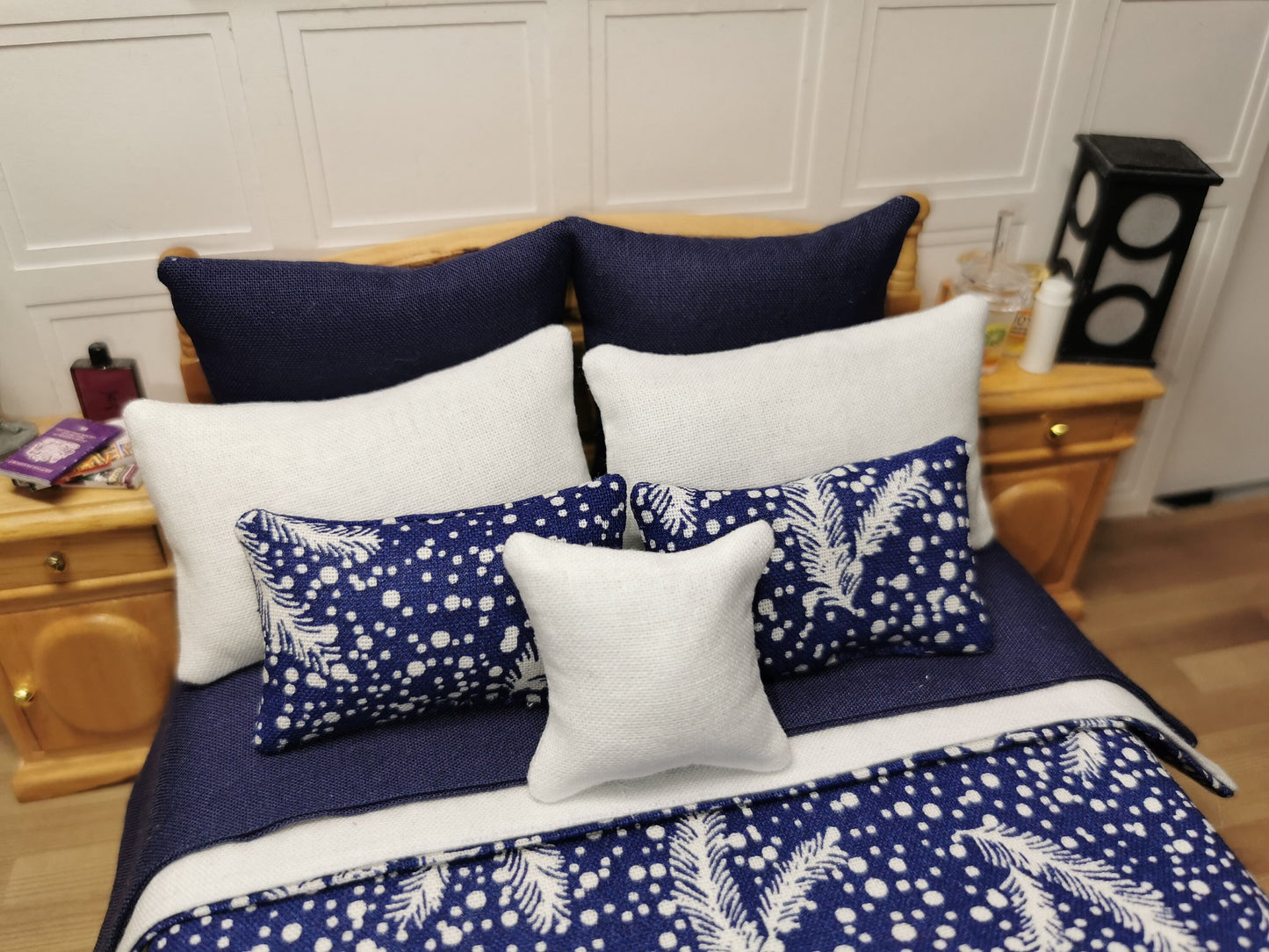 Navy/White Feather Print Bed Linen | 1:12th Scale | Set of 9 | Handmade