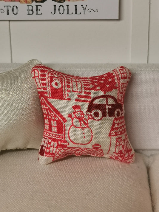 Red/Cream Christmas House Print Cushion | 1:12th Scale | Handmade - ZJ Miniatures 