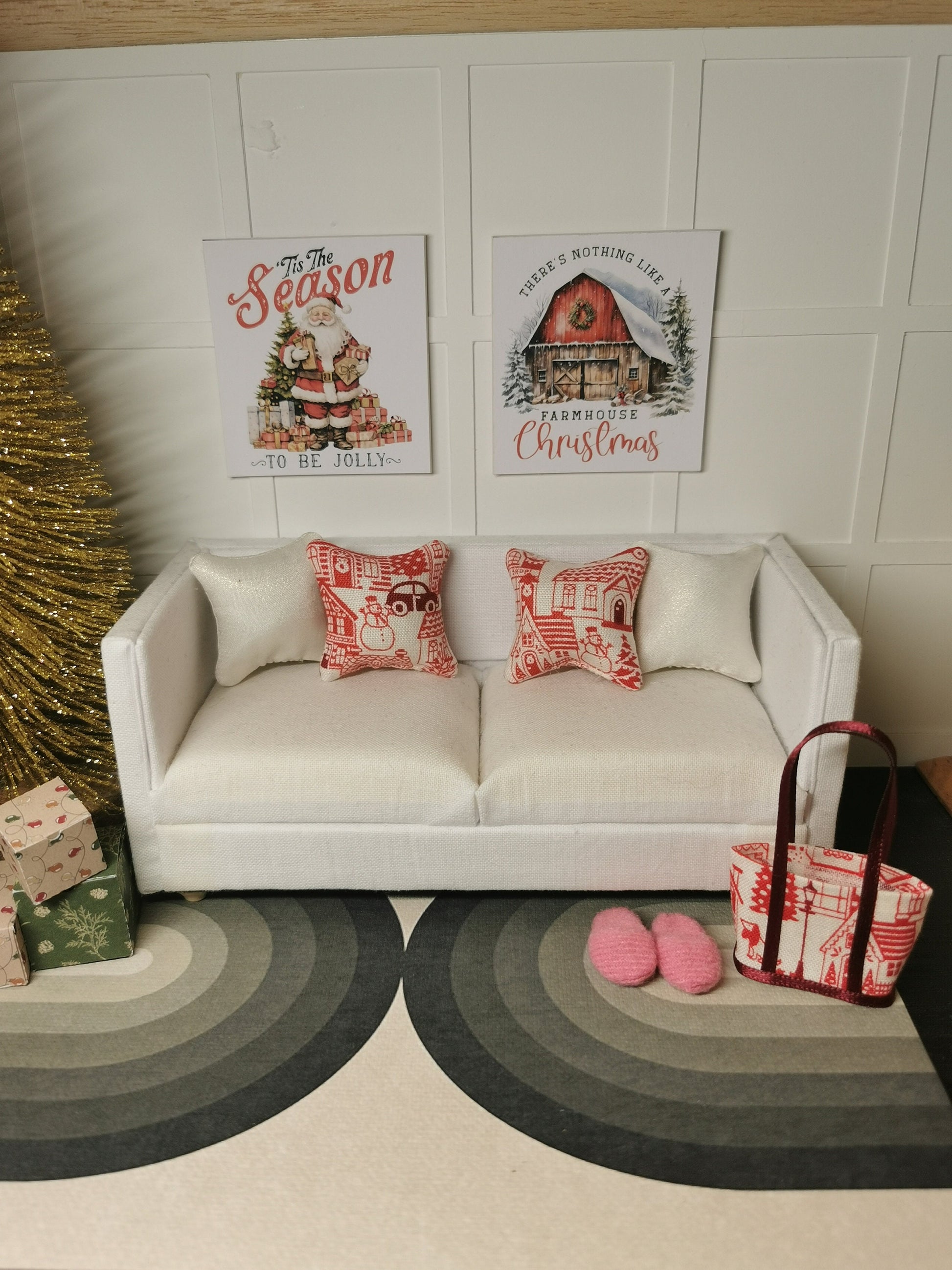 Red/Cream Christmas House Print Cushion | 1:12th Scale | Handmade - ZJ Miniatures 