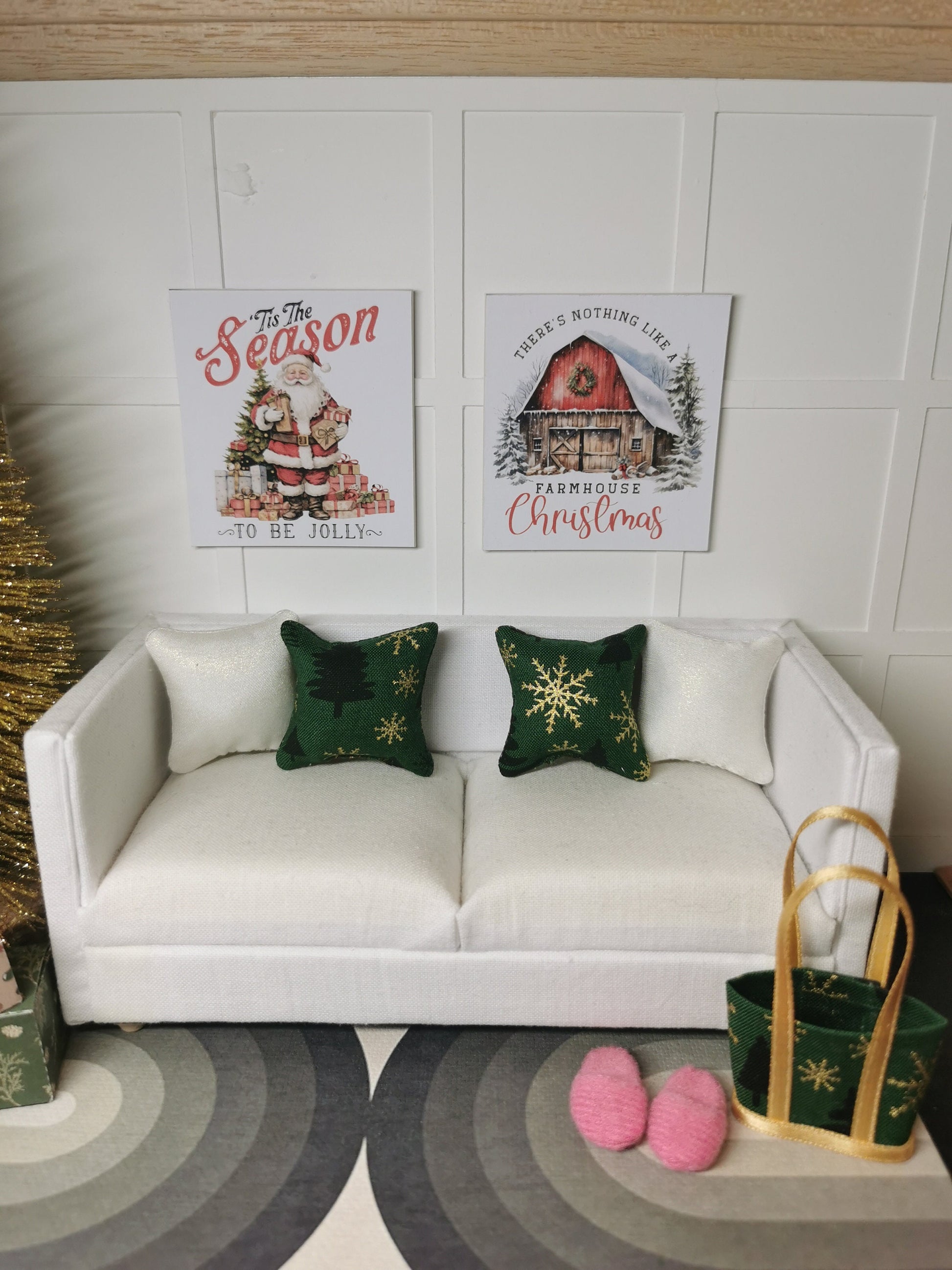 Green/Gold/Black Christmas Print Cushion | 1:12th Scale | Handmade - ZJ Miniatures 