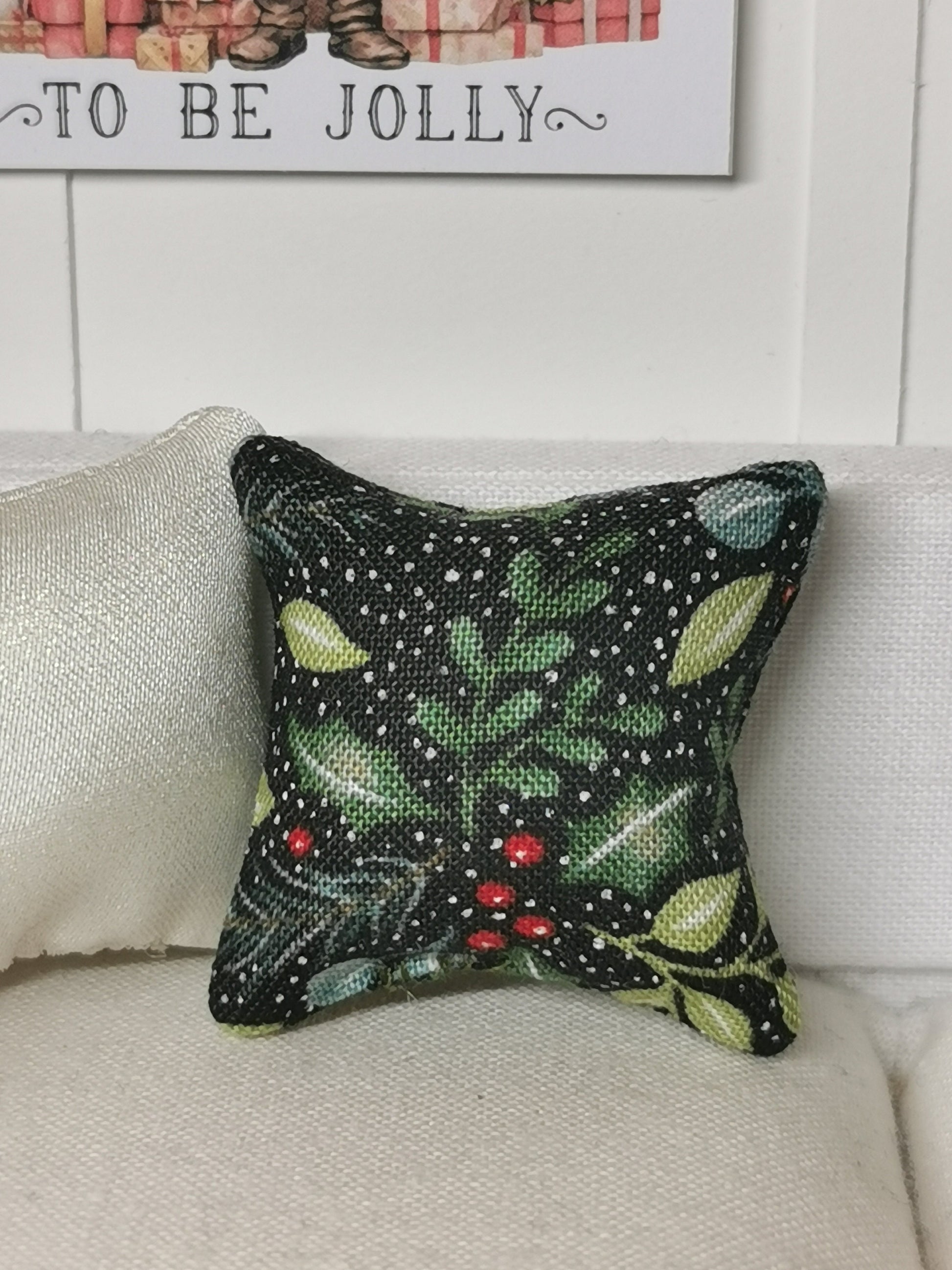 Black/Green Christmas Print Cushion | 1:12th Scale | Handmade - ZJ Miniatures 