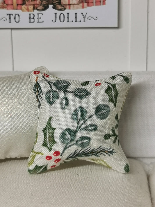 White/Green Christmas Print Cushion | 1:12th Scale | Handmade - ZJ Miniatures 