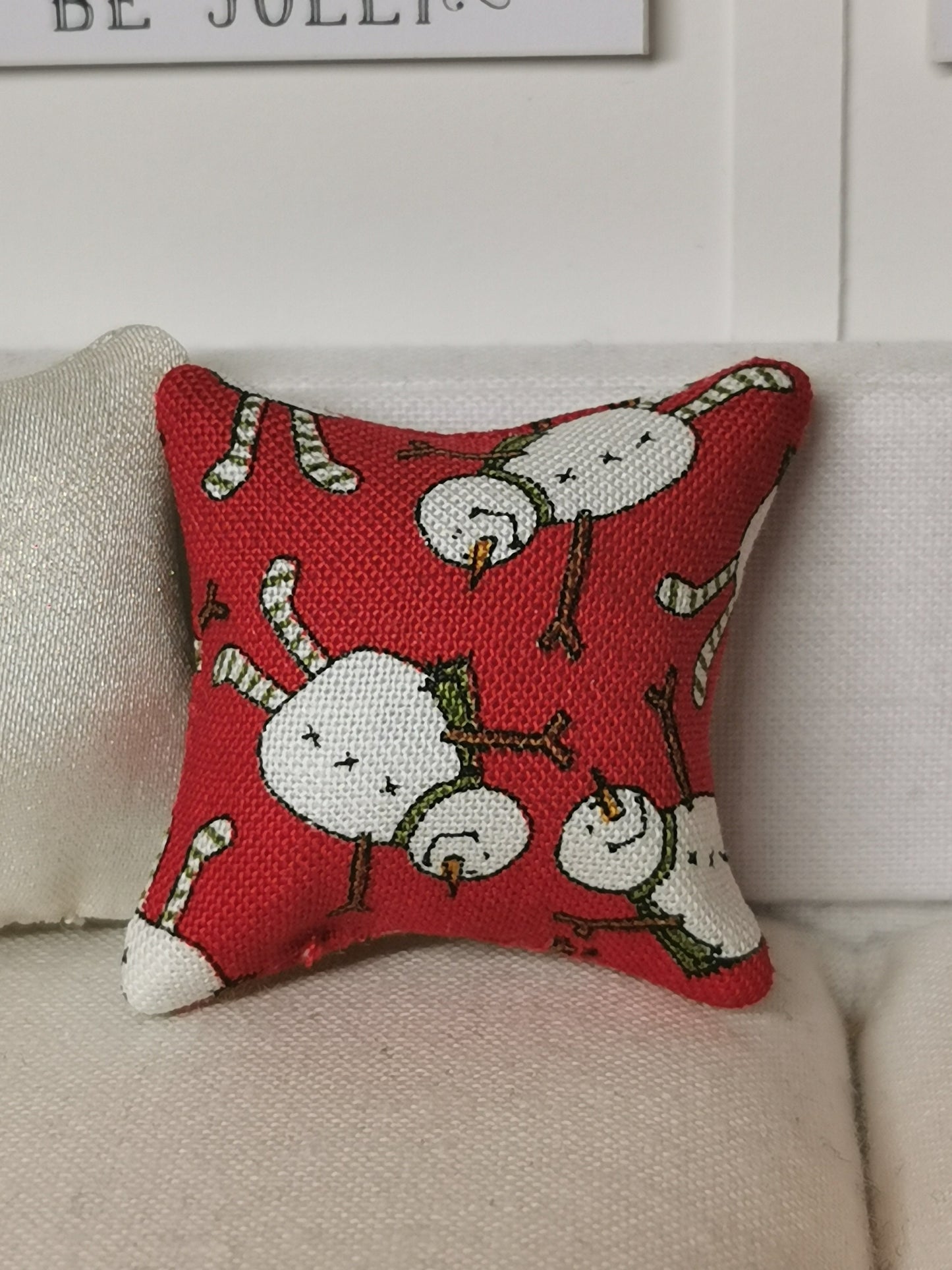 Red/White Christmas Snowman Print Cushion | 1:12th Scale | Handmade - ZJ Miniatures 