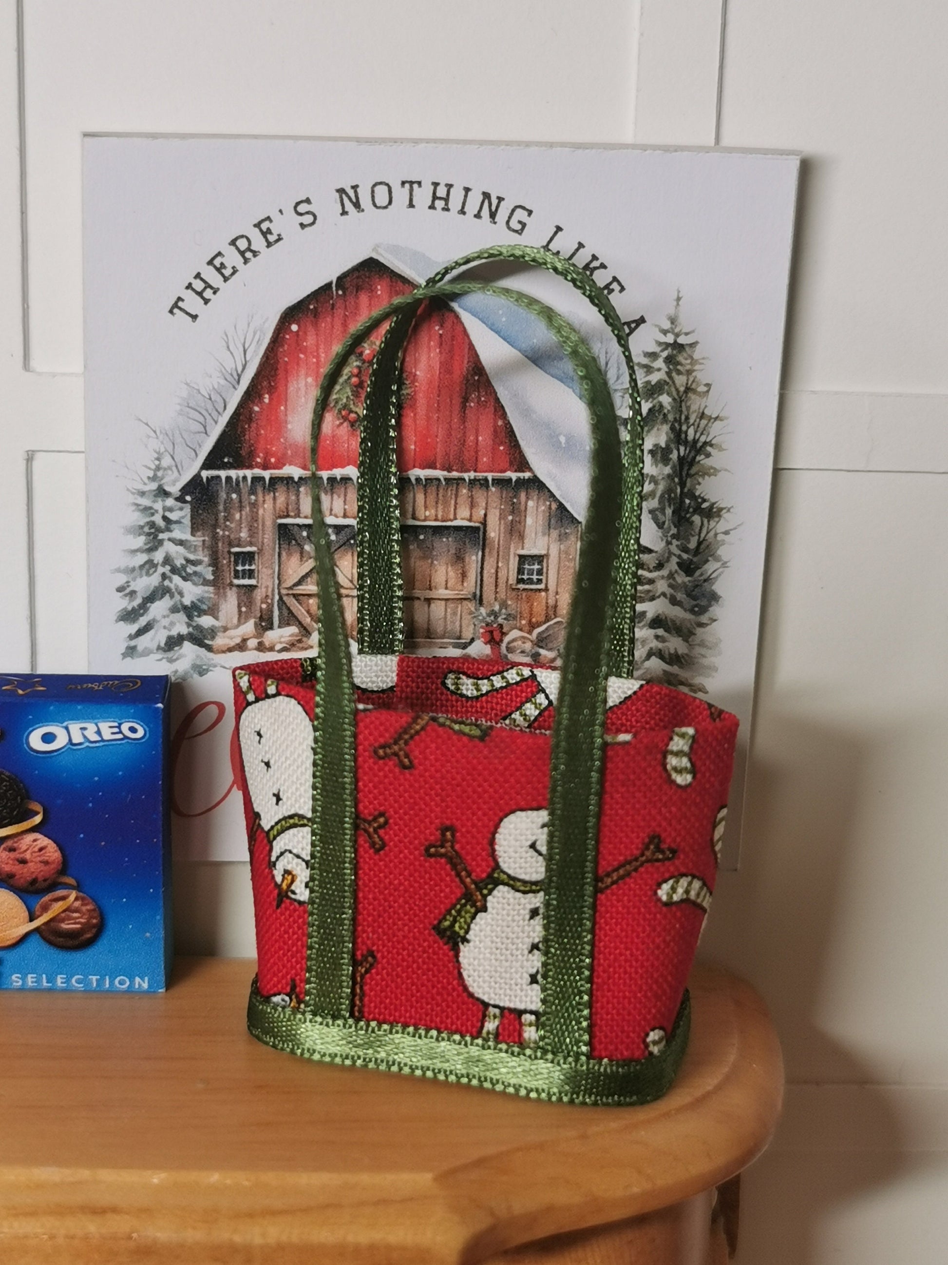 Red/White Snowman Christmas Fabric Tote Bag | 1:12th Scale | Handmade - ZJ Miniatures 