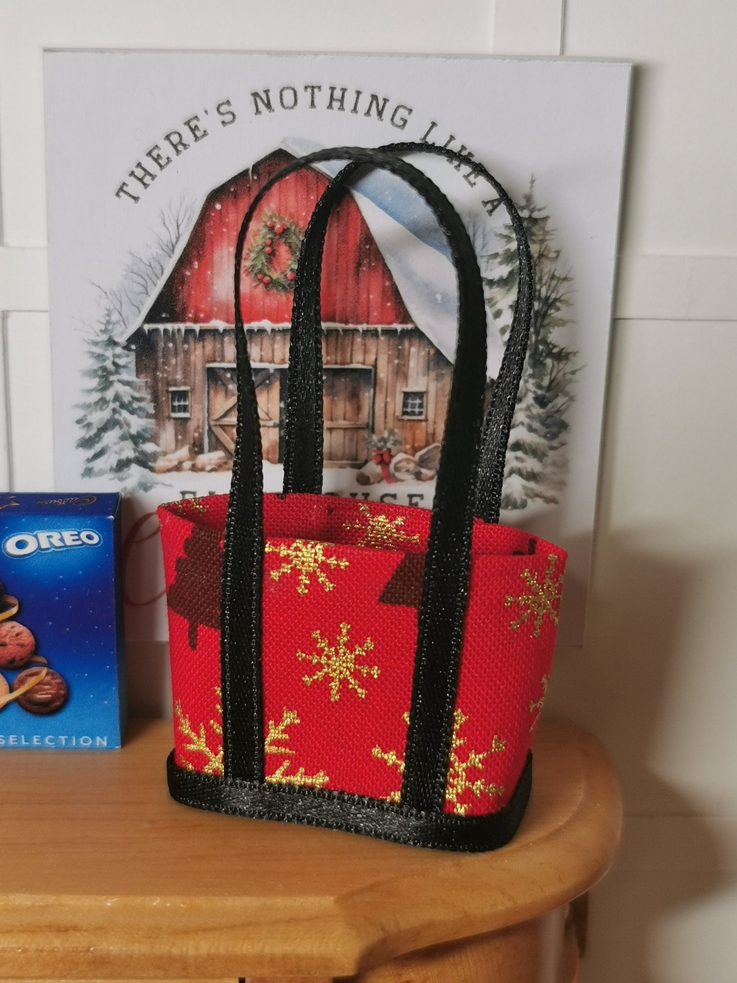 Red/Black/Gold Christmas Fabric Tote Bag | 1:12th Scale | Handmade - ZJ Miniatures 