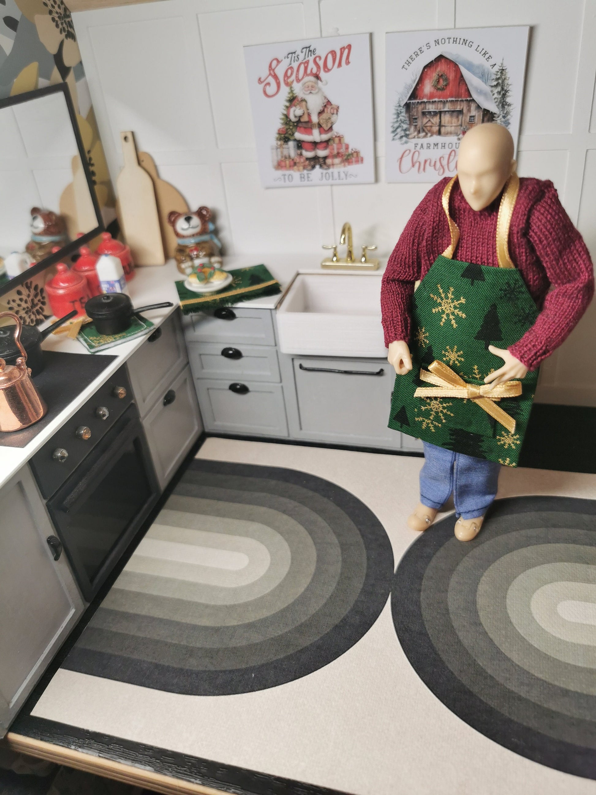 Green/Gold/Black Apron, Tea Towel & Pot Pad in Christmas Fabric | Set of 3 | 1:12th Scale  | Suitable for 6"/15cm Figures | Handmade - ZJ Miniatures 