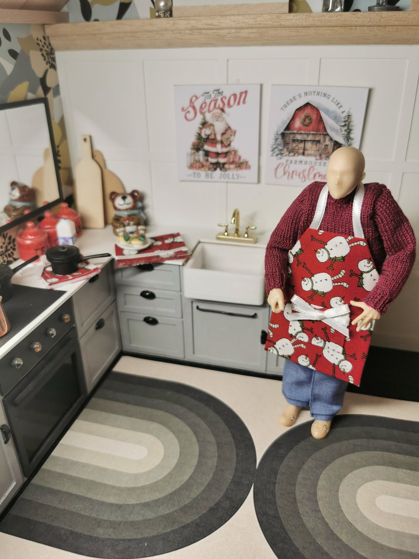 Red/White Snowman Apron, Tea Towel & Pot Pad in Christmas Fabric | Set of 3 | 1:12th Scale  | Suitable for 6"/15cm Figures | Handmade