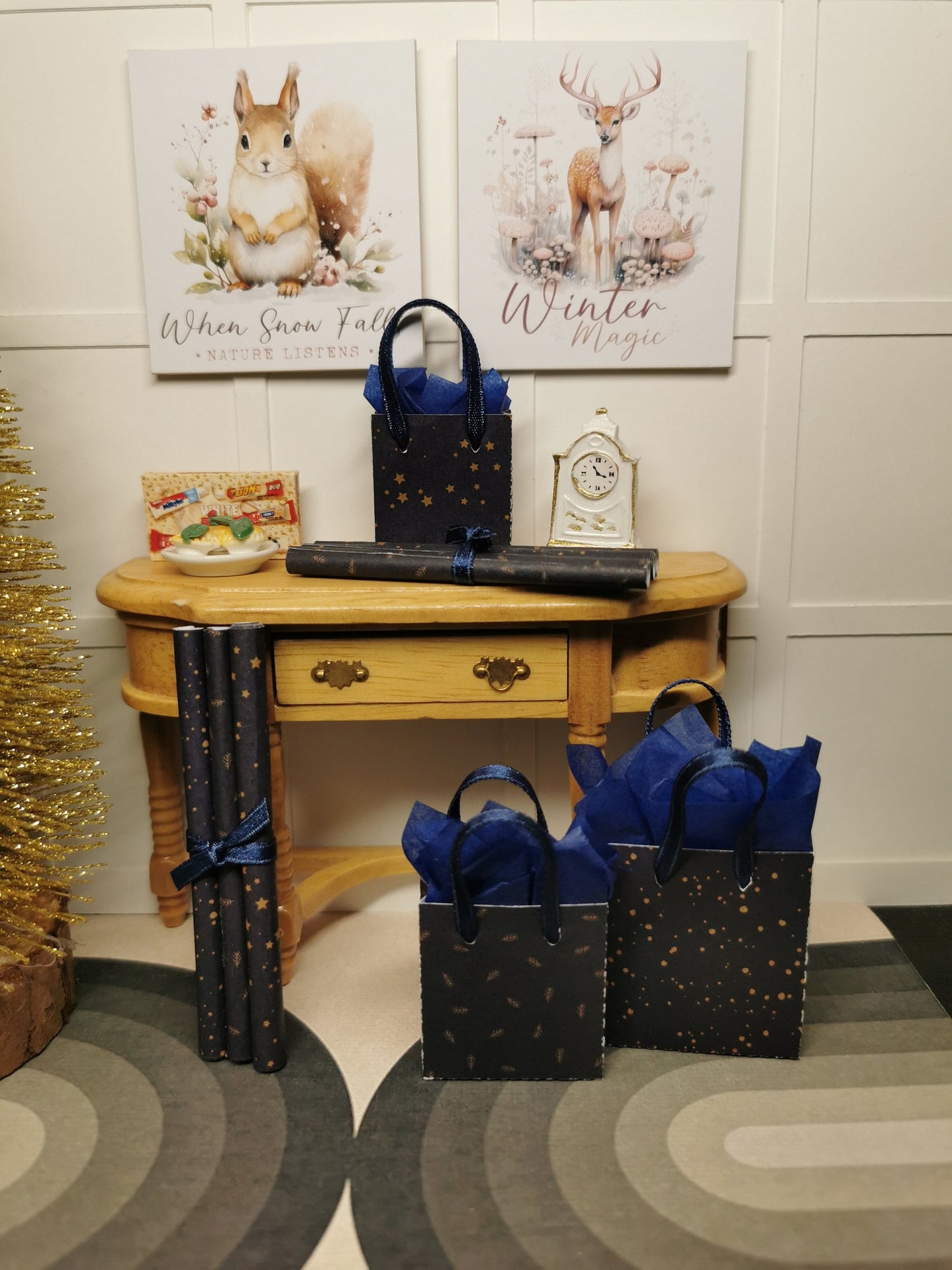 Blue Christmas Gift Bags & Wrapping Paper Set | 1:12th Scale | Handmade - ZJ Miniatures 