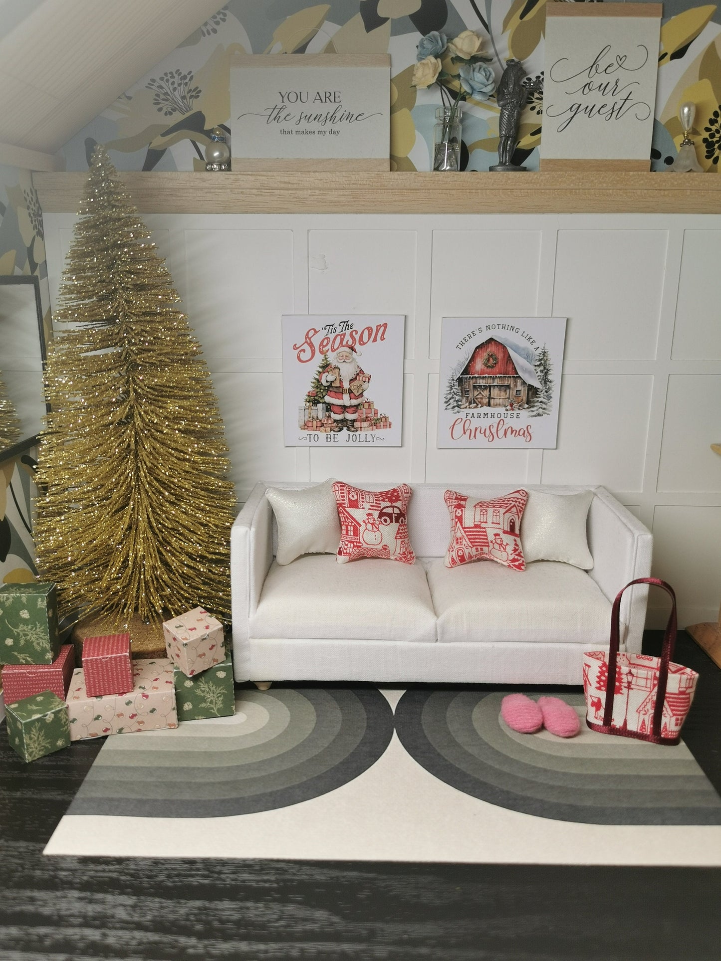 Red/Cream Christmas House Print Cushion | 1:12th Scale | Handmade - ZJ Miniatures 