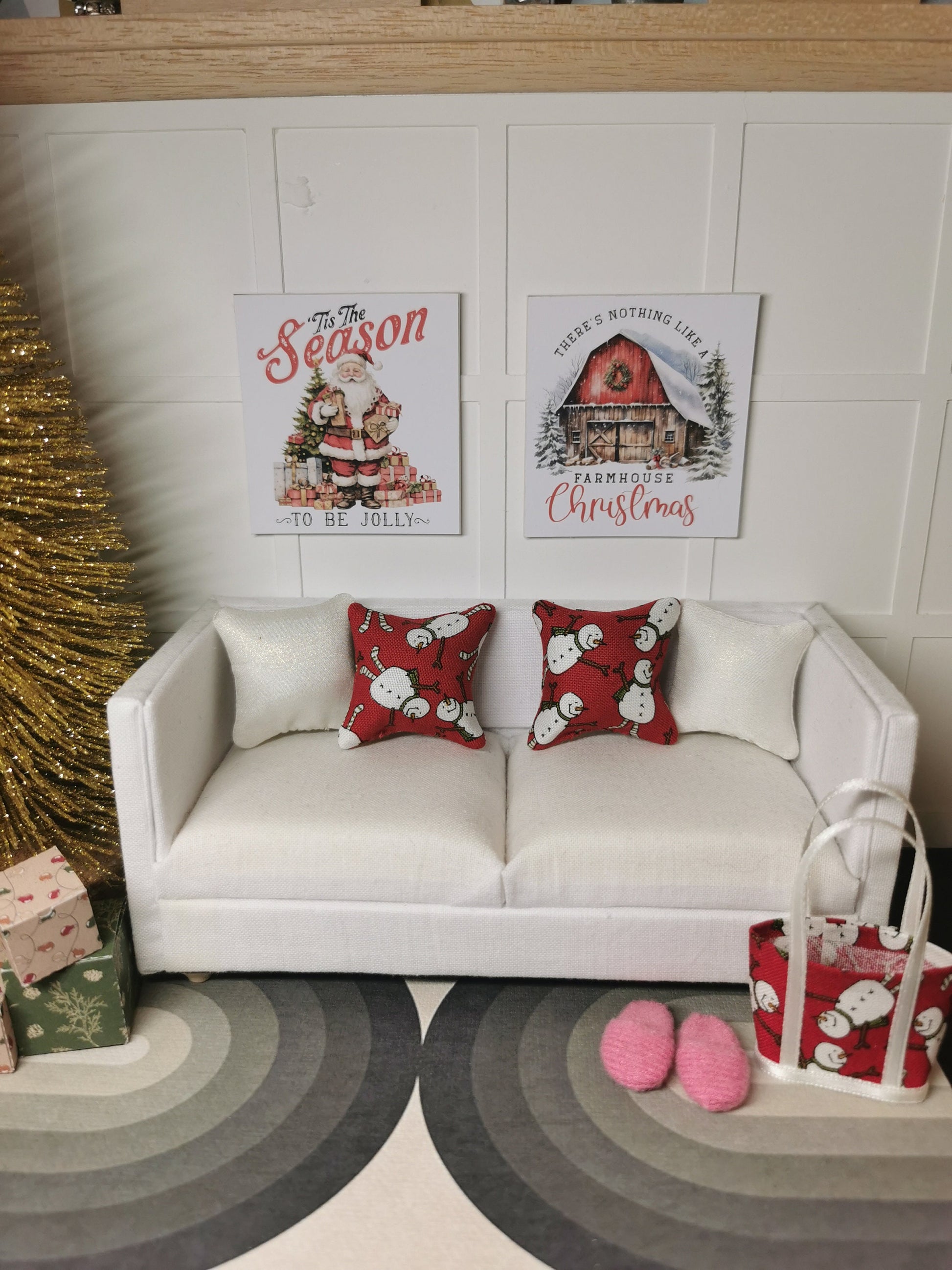 Red/White Christmas Snowman Print Cushion | 1:12th Scale | Handmade - ZJ Miniatures 