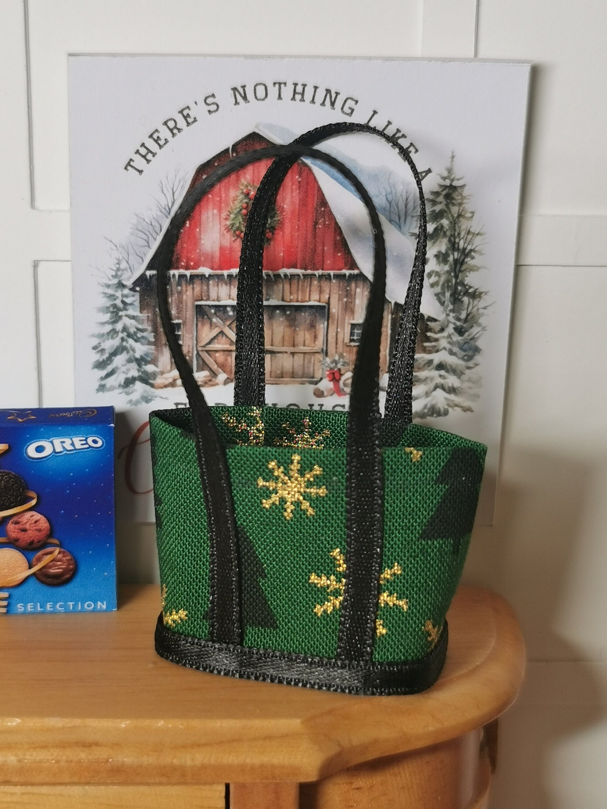 Green/Black/Gold Christmas Fabric Tote Bag | 1:12th Scale | Handmade - ZJ Miniatures 