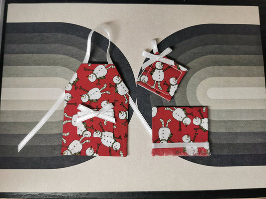 Red/White Snowman Apron, Tea Towel & Pot Pad in Christmas Fabric | Set of 3 | 1:12th Scale  | Suitable for 6"/15cm Figures | Handmade