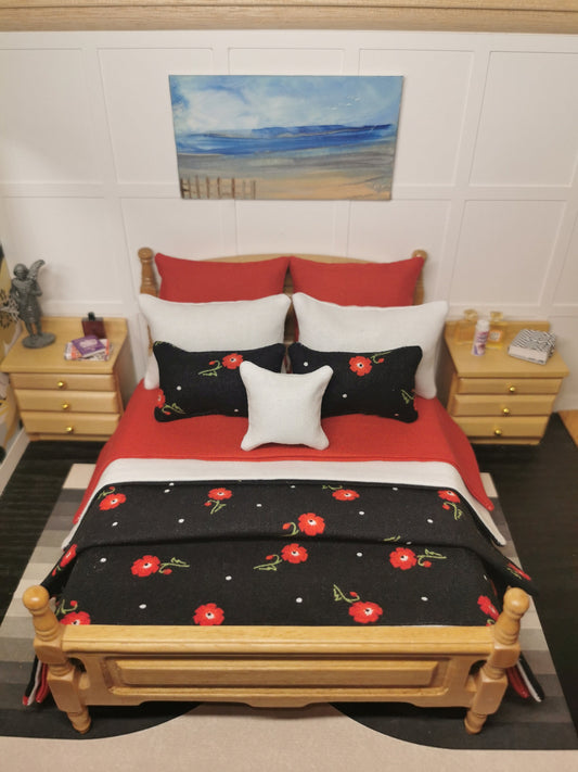 Bed Linen Set in Red/Black/White Poppy Print | 1:12th Scale | Set of 9 | Handmade - ZJ Miniatures 