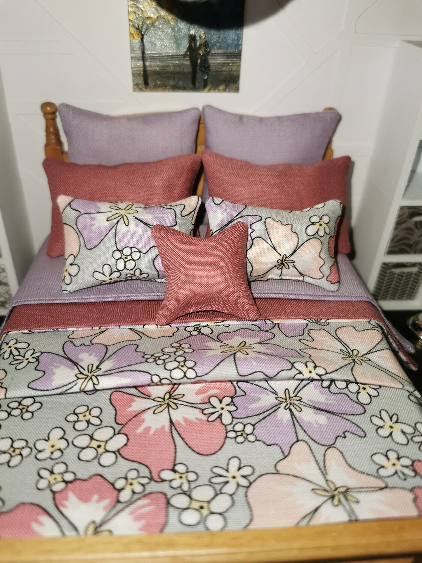 Grey/Pink/Lilac Floral Print Bed Linen | 1:12th Scale | Set of 9 | Handmade