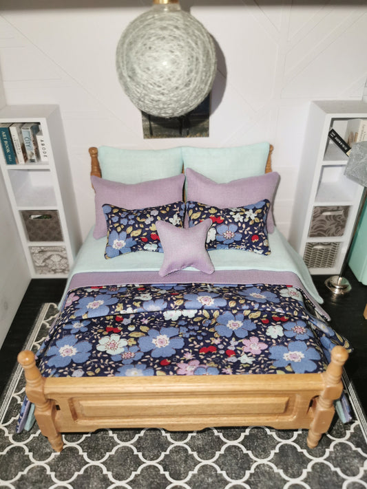 Navy/Aqua/Lilac Floral Print Bed Linen Set | 1:12th Scale | Set of 9 | Handmade