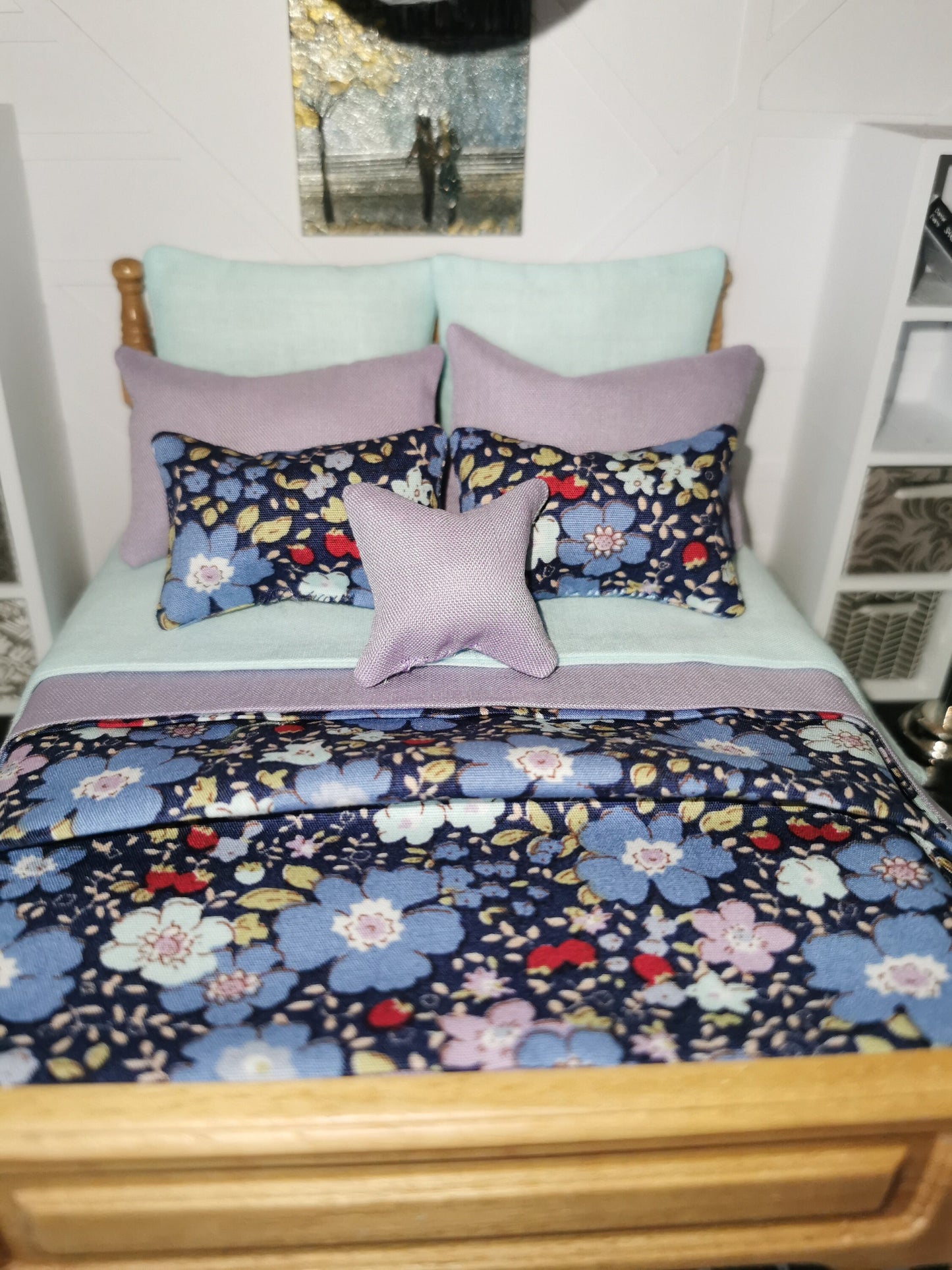 Navy/Aqua/Lilac Floral Print Bed Linen Set | 1:12th Scale | Set of 9 | Handmade