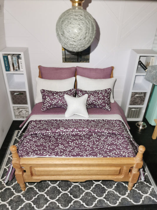 Grape/White Vine Print Bed Linen Set | 1:12th Scale | Set of 9 | Handmade