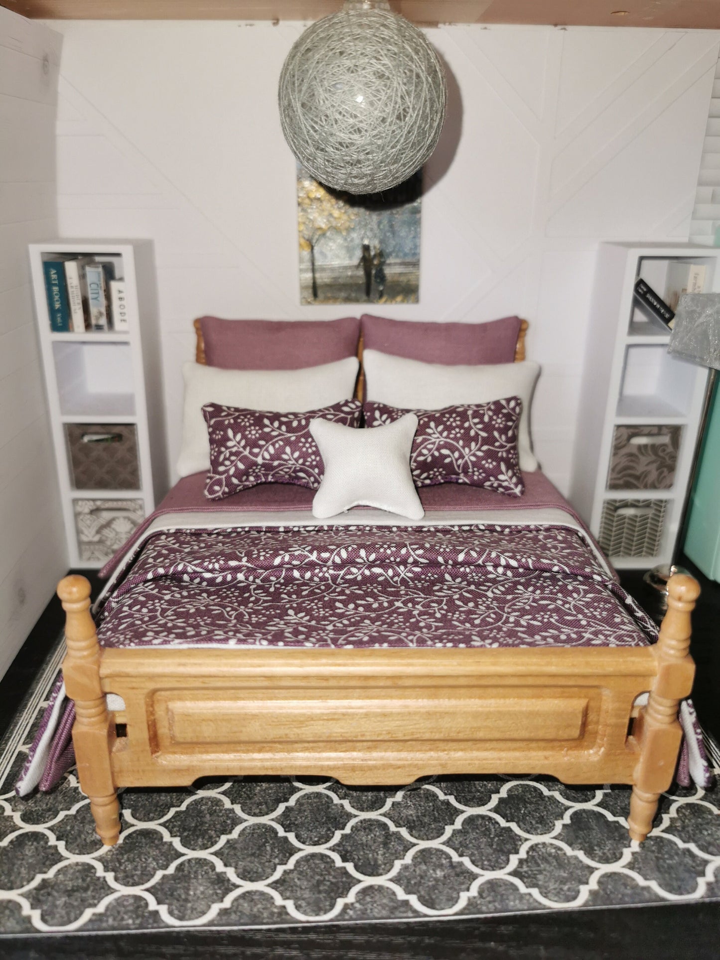 Grape/White Vine Print Bed Linen Set | 1:12th Scale | Set of 9 | Handmade