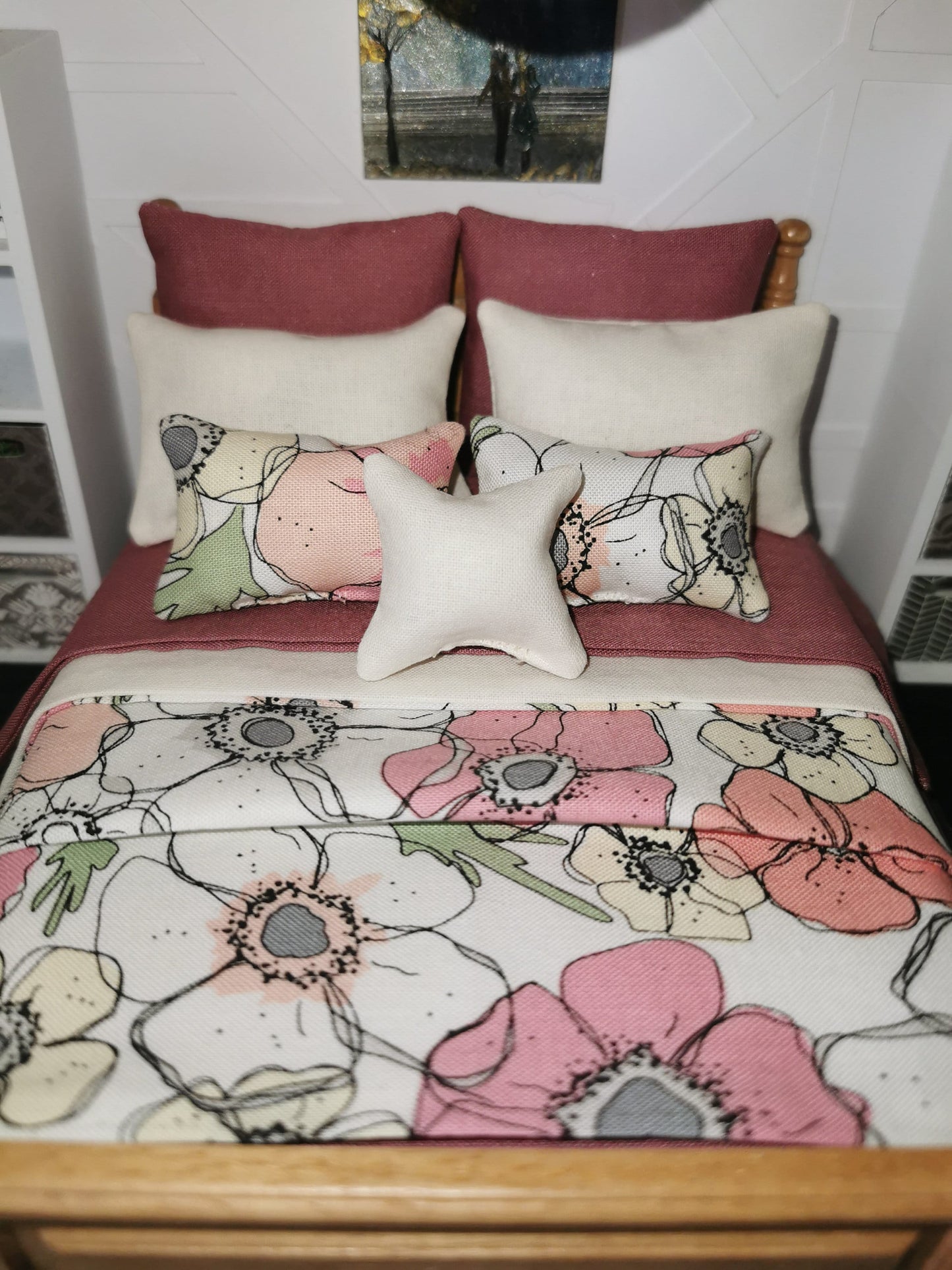 Dusky Pink/Cream/White Floral Print Bed Linen Set | 1:12th Scale | Set of 9 | Handmade