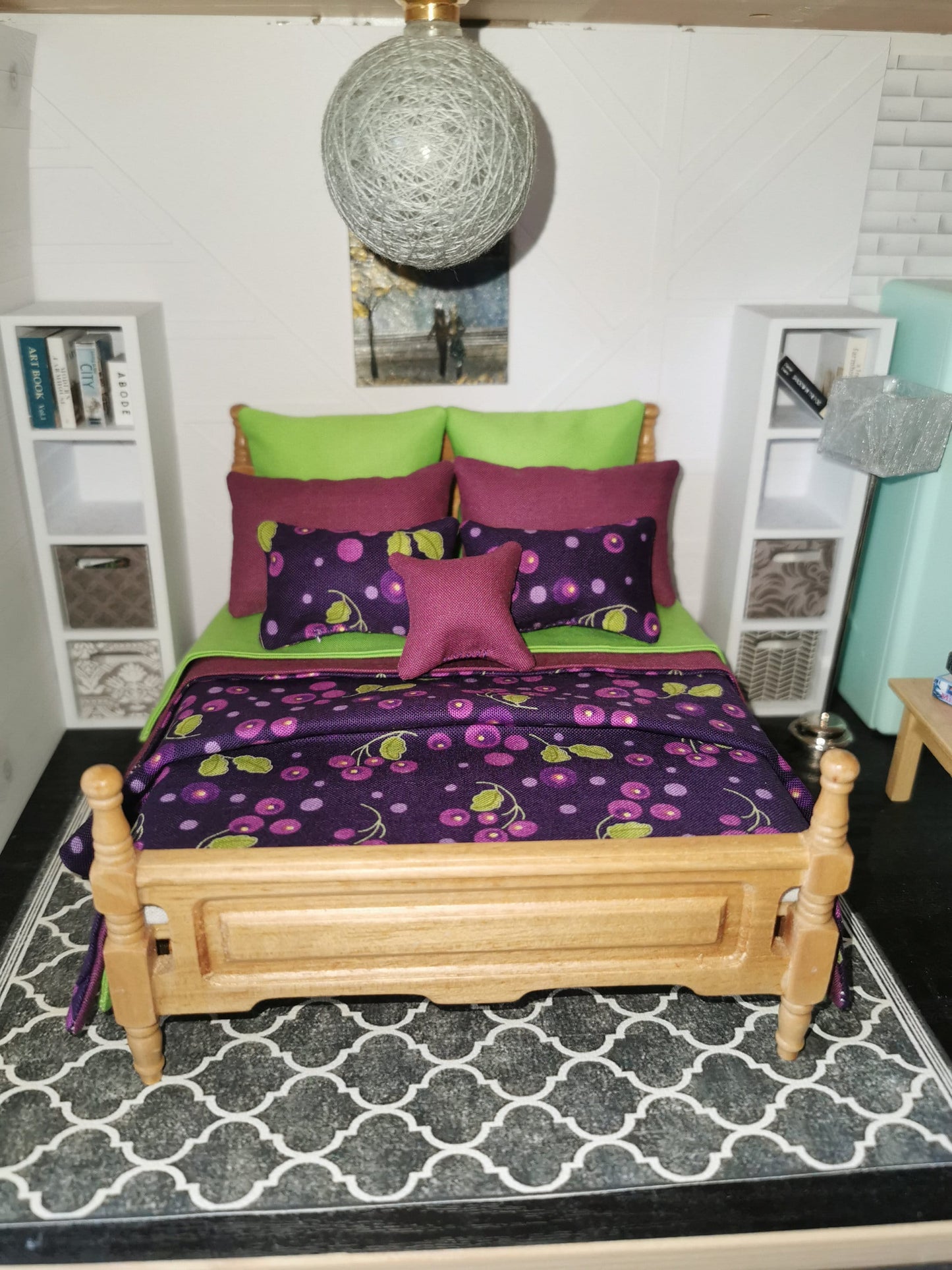 Bed Linen Set in Purple/Lime Green Berry Print | 1:12th Scale | Set of 9 | Handmade