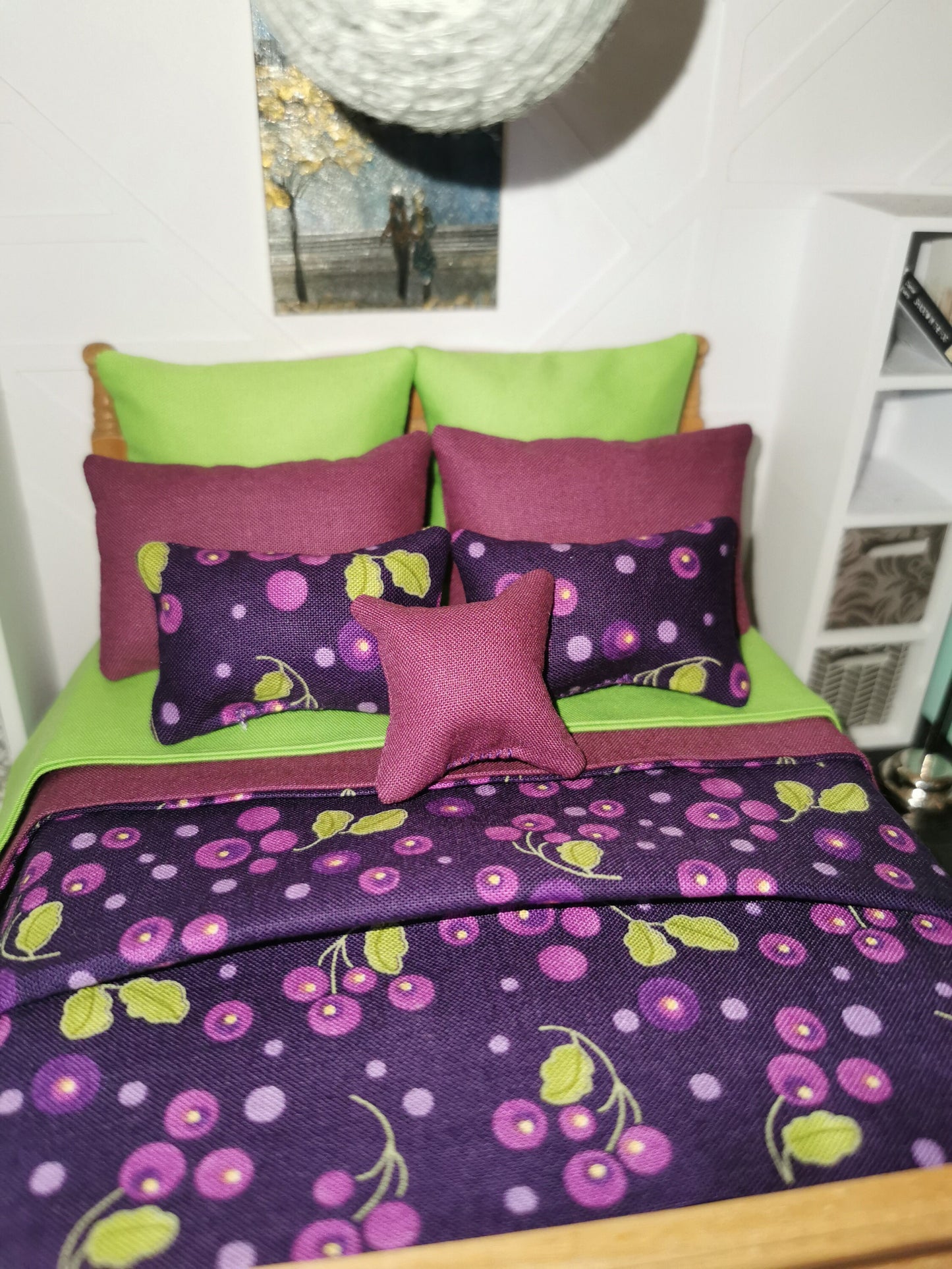 Bed Linen Set in Purple/Lime Green Berry Print | 1:12th Scale | Set of 9 | Handmade