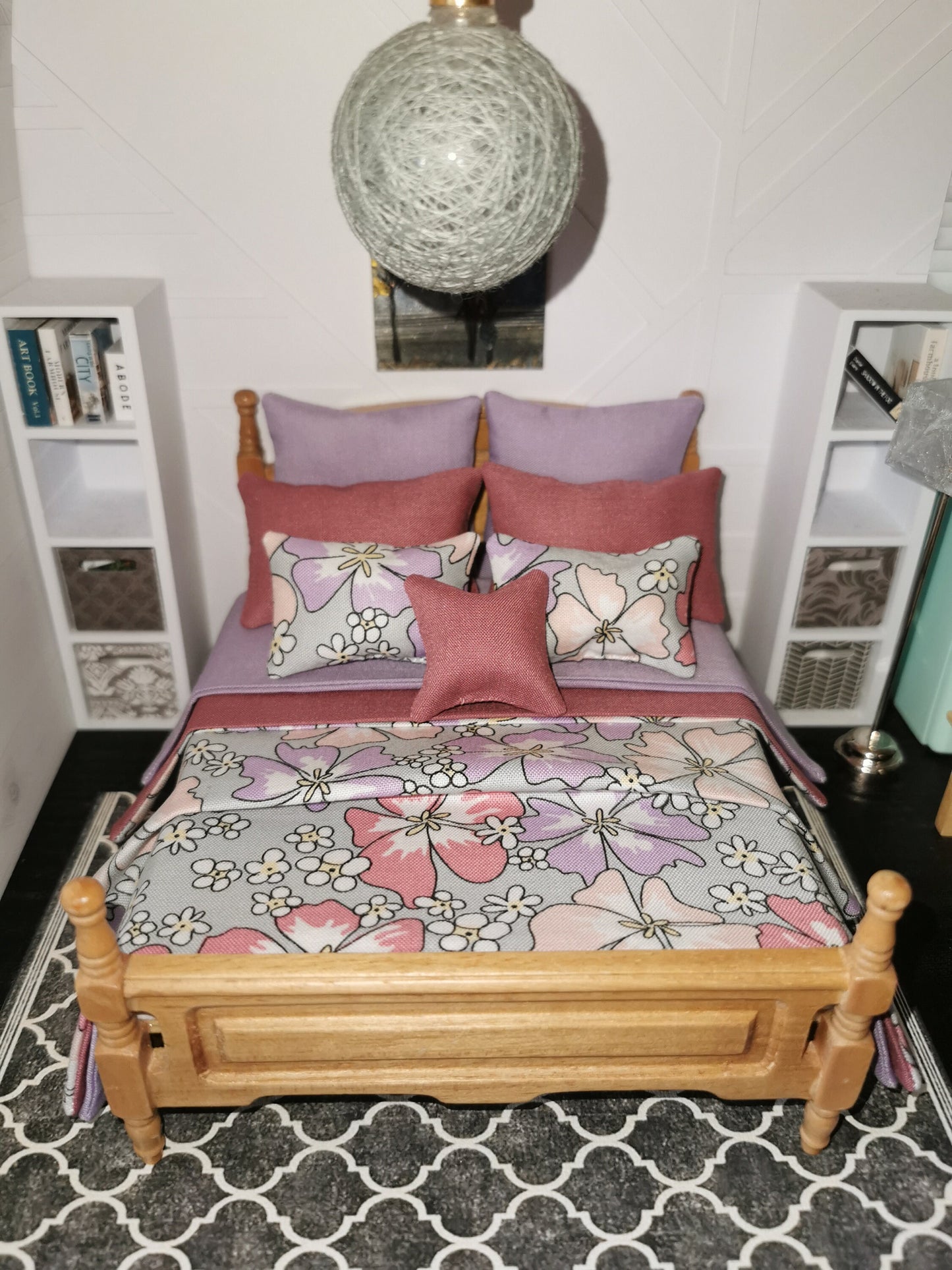 Grey/Pink/Lilac Floral Print Bed Linen | 1:12th Scale | Set of 9 | Handmade