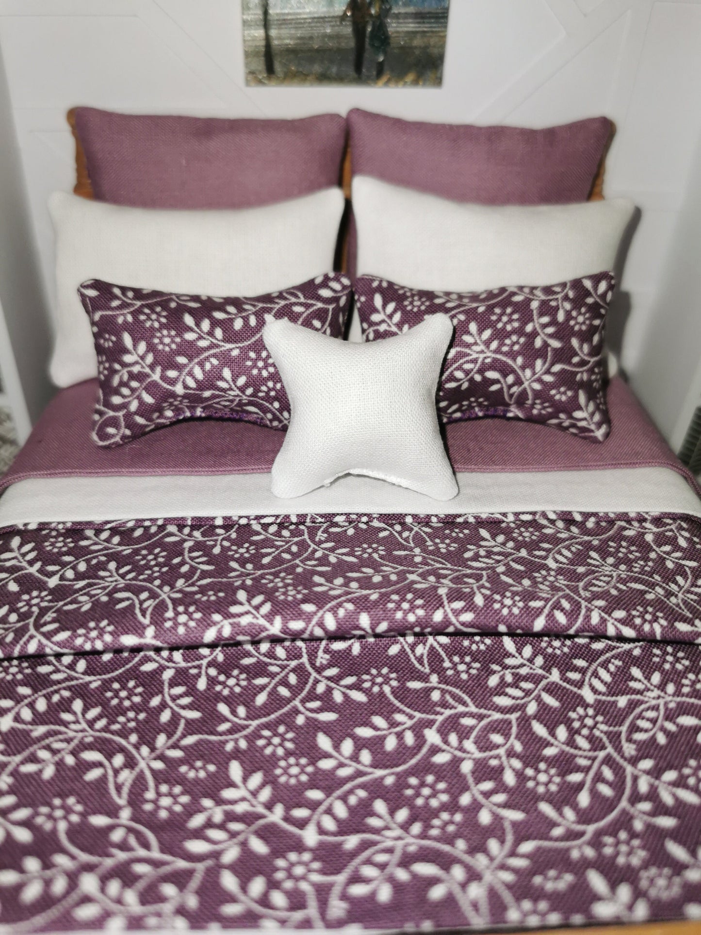 Grape/White Vine Print Bed Linen Set | 1:12th Scale | Set of 9 | Handmade