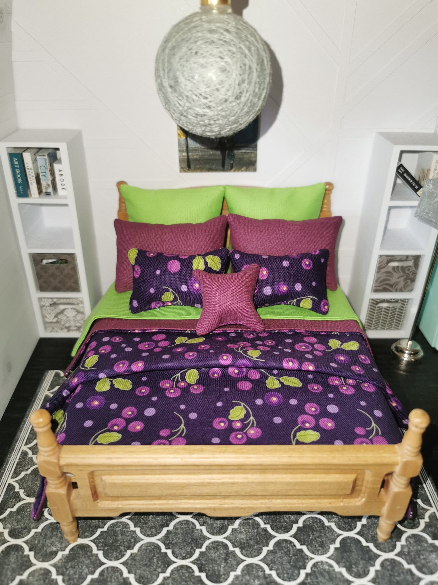 Bed Linen Set in Purple/Lime Green Berry Print | 1:12th Scale | Set of 9 | Handmade