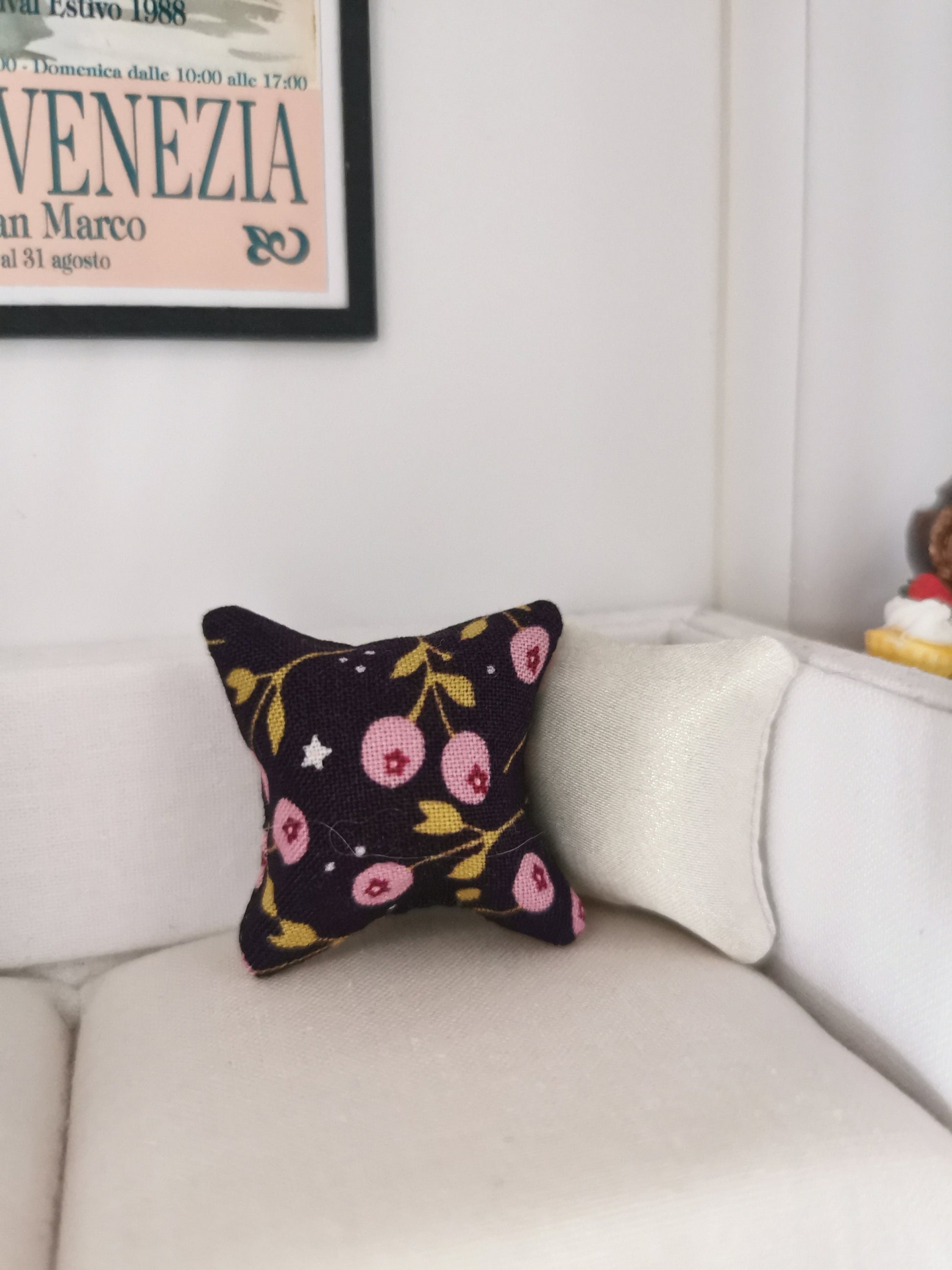 Purple/Pink Berry Print Cushion | 1:12th Scale | Handmade - ZJ Miniatures 