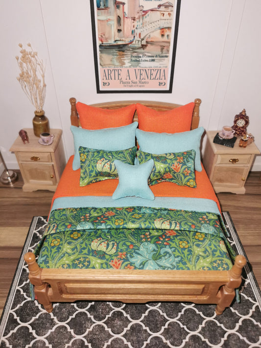 Bed Linen Set in Green/Orange/Aqua William Morris Floral Print | 1:12th Scale | Set of 9 | Handmade - ZJ Miniatures 