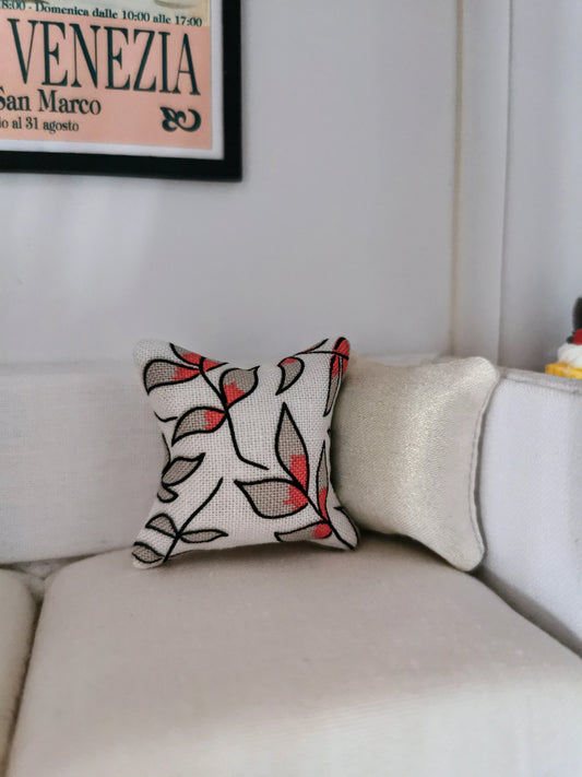 White/Grey/Coral Leaf Print Cushion | 1:12th Scale | Handmade - ZJ Miniatures 