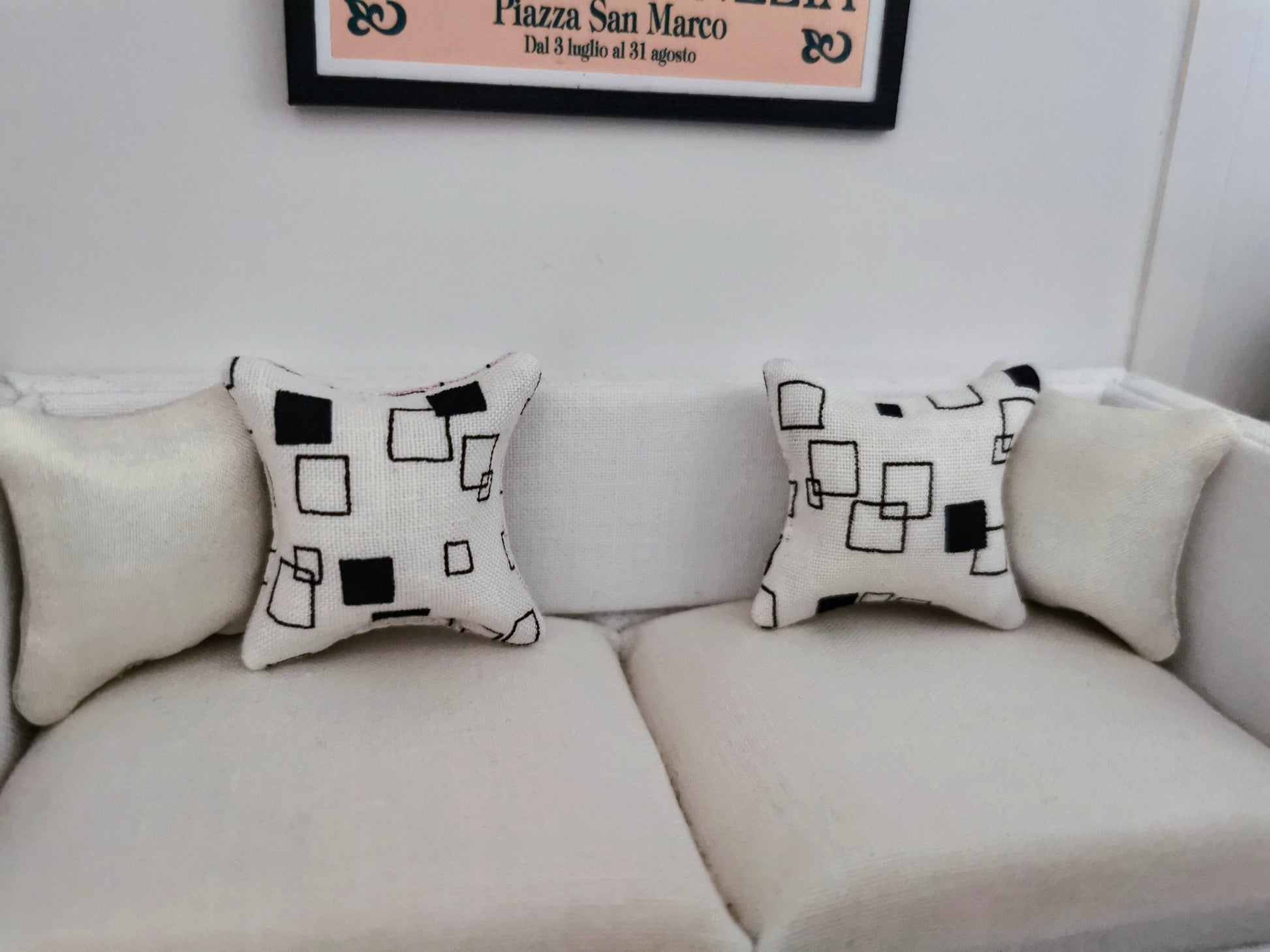 White/Black Square Print Cushion | 1:12th Scale | Handmade - ZJ Miniatures 