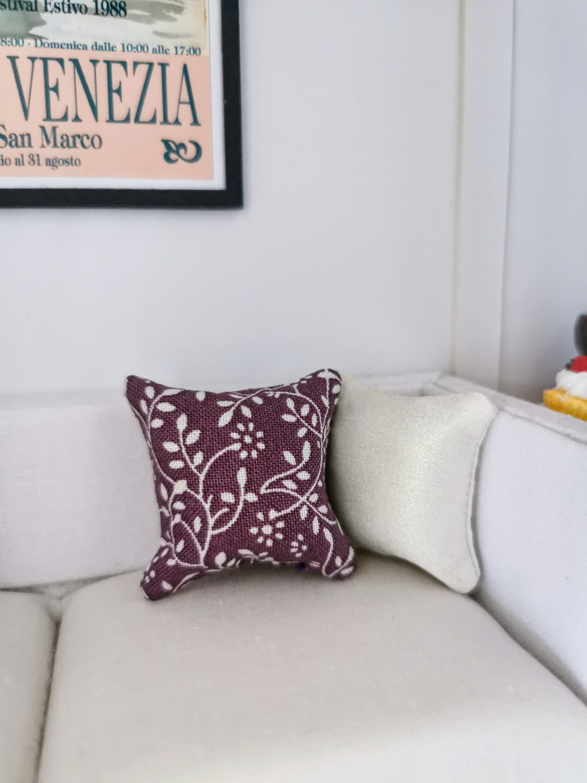 Purple/White Vine Print Cushion | 1:12th Scale | Handmade - ZJ Miniatures 