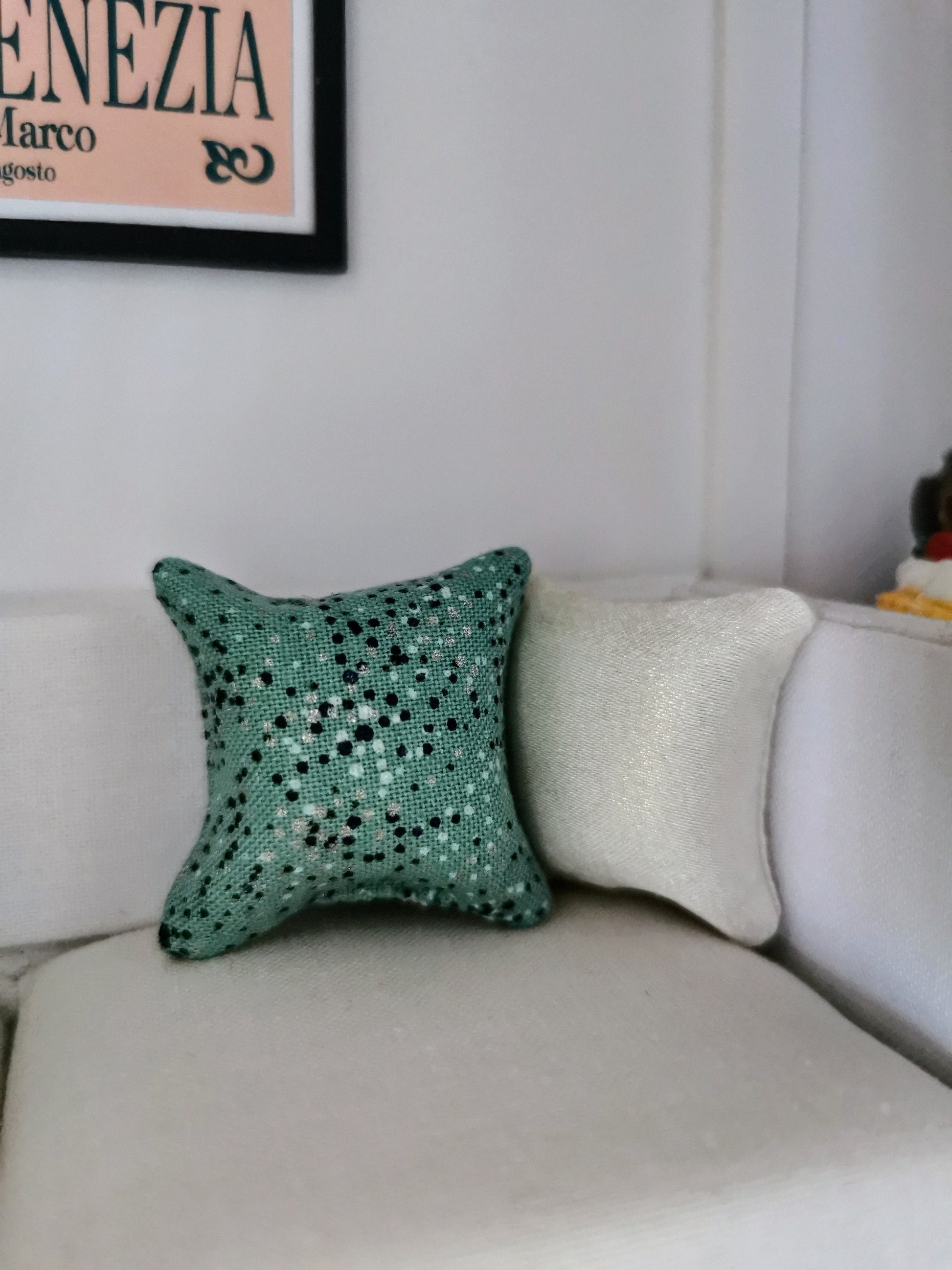 Green/Black/White/Silver Dot Print Cushion | 1:12th Scale | Handmade - ZJ Miniatures 