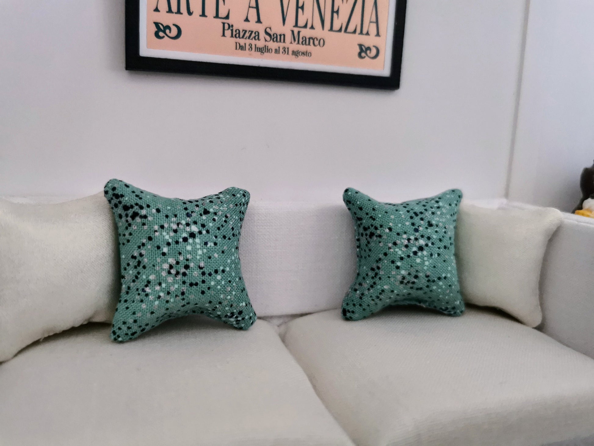 Green/Black/White/Silver Dot Print Cushion | 1:12th Scale | Handmade - ZJ Miniatures 