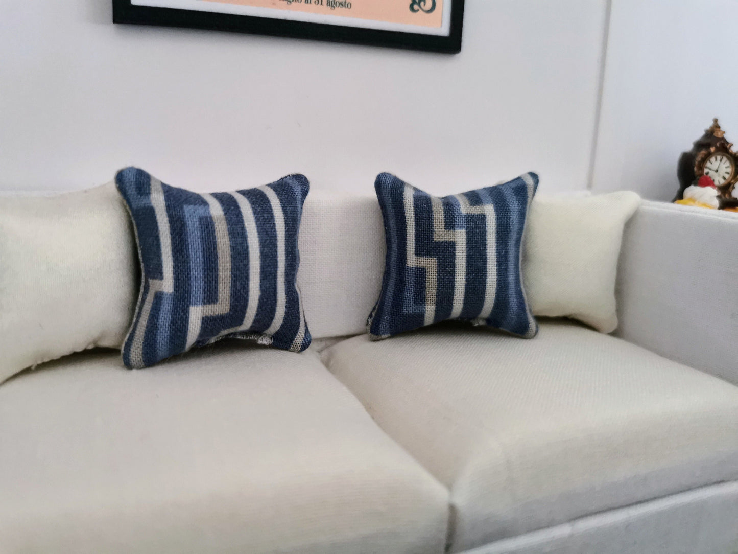 Blue/Grey Line Print Cushion |  1:12th Scale | Handmade - ZJ Miniatures 