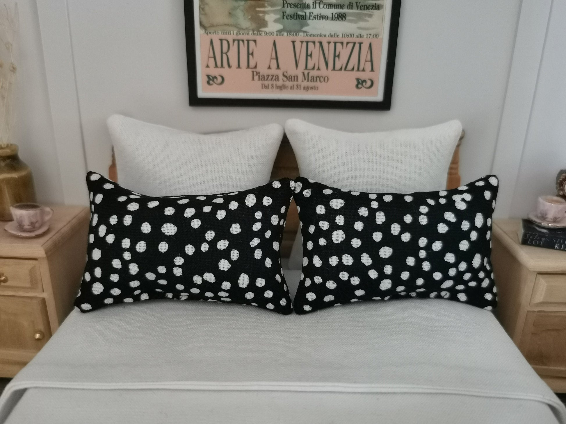 Black/White Spot Print Pillows | Set of 2 | 1:12th Scale | Handmade - ZJ Miniatures 