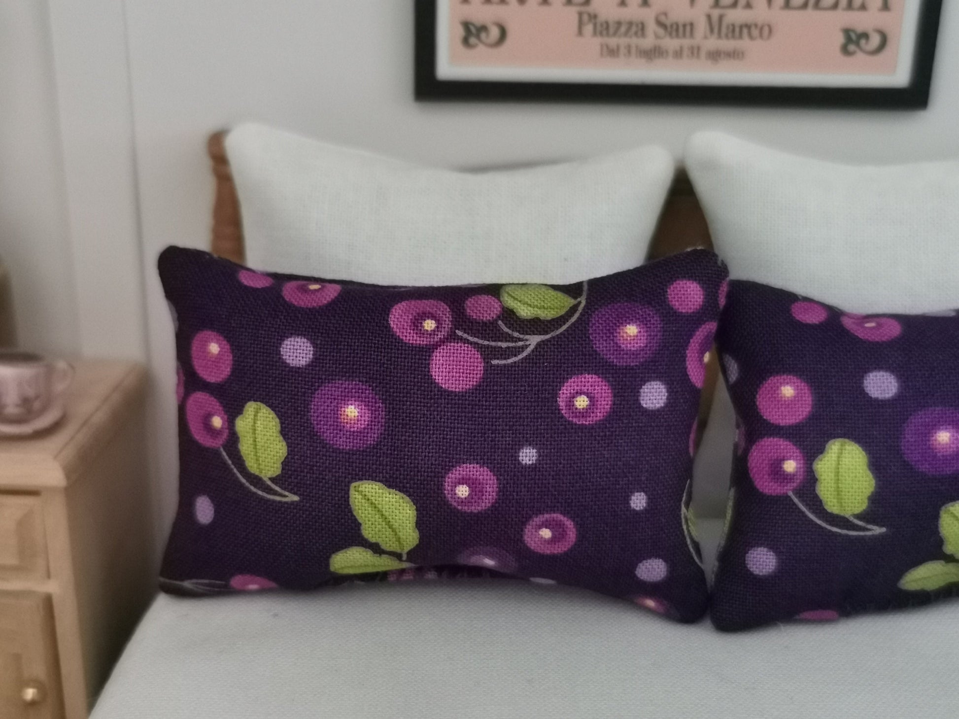 Purple Berry Print Pillows | Set of 2 | 1:12th Scale | Handmade - ZJ Miniatures 