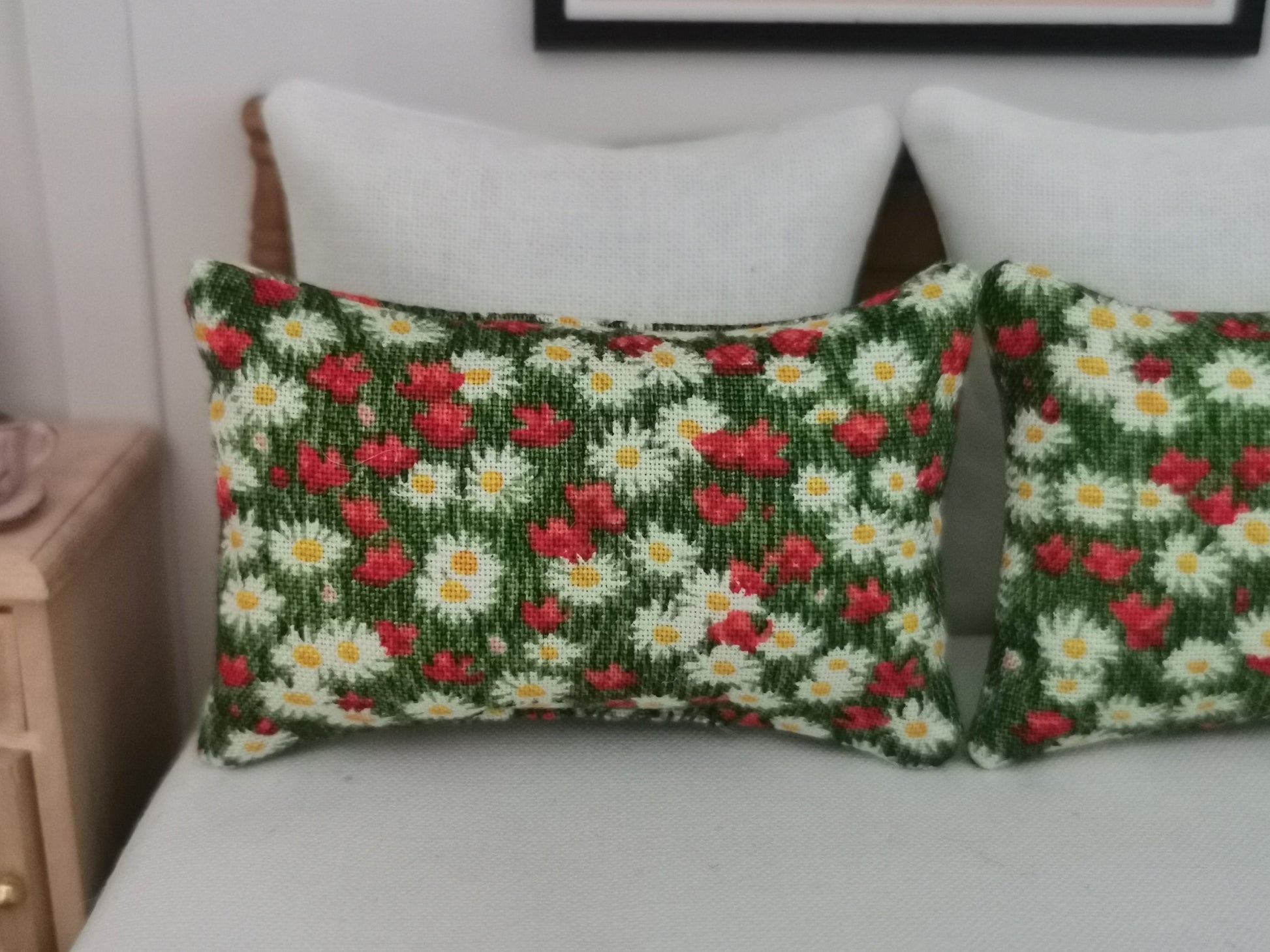 Green/Red/White Floral Print Pillows | Set of 2 | 1:12th Scale | Handmade - ZJ Miniatures 