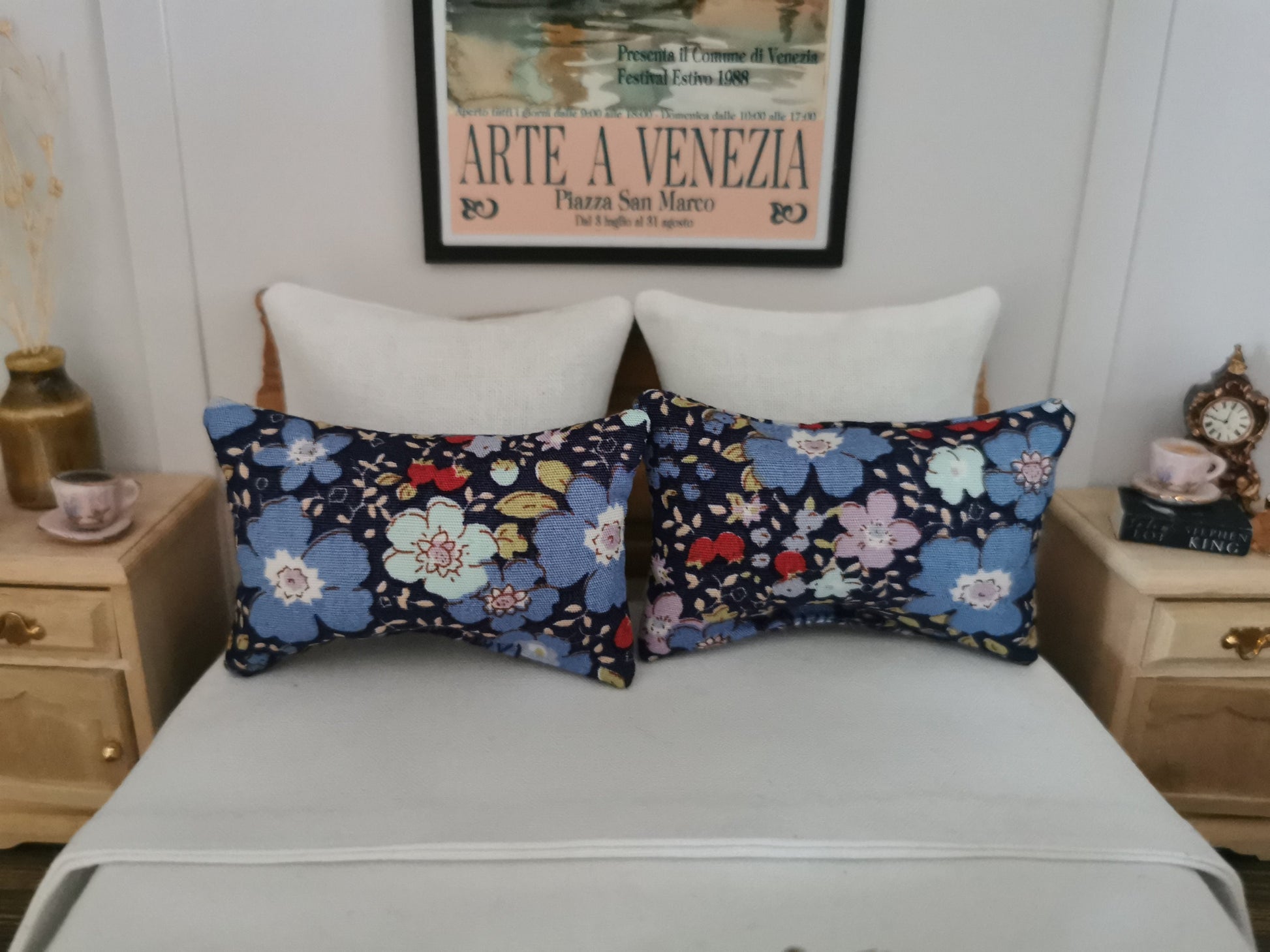 Blue Floral Print Pillows | Set of 2 | 1:12th Scale | Handmade - ZJ Miniatures 