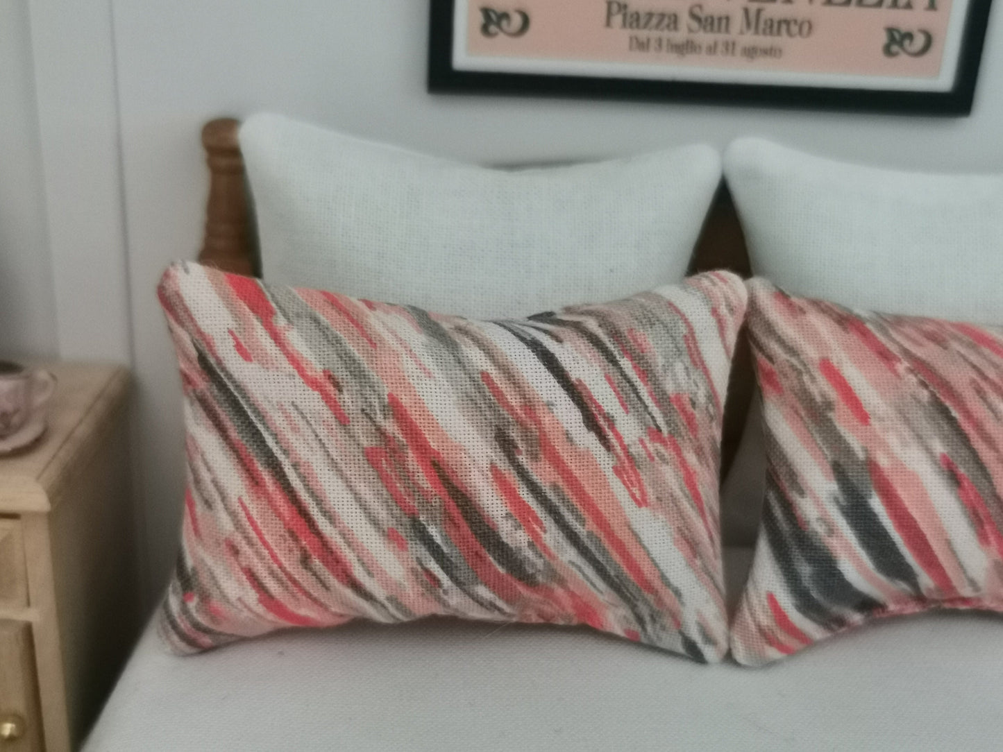 Coral/White/Grey Diagonal Line Print Pillows | Set of 2 | 1:12th Scale | Handmade - ZJ Miniatures 