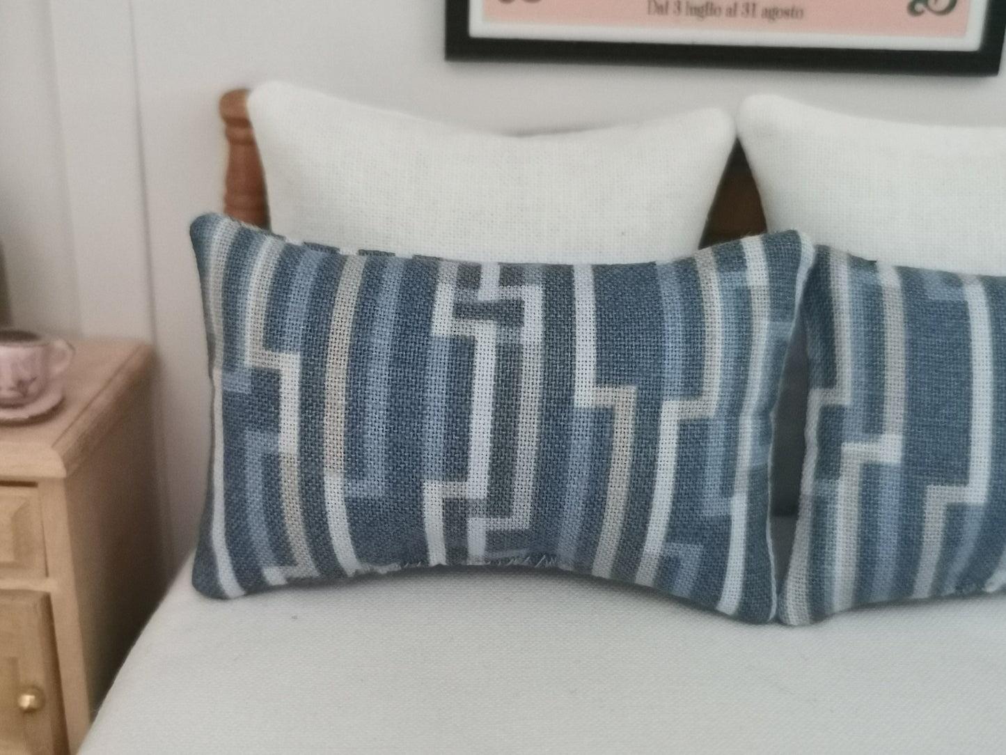 Blue/Grey Line Print Pillows | Set of 2 | 1:12th Scale | Handmade - ZJ Miniatures 